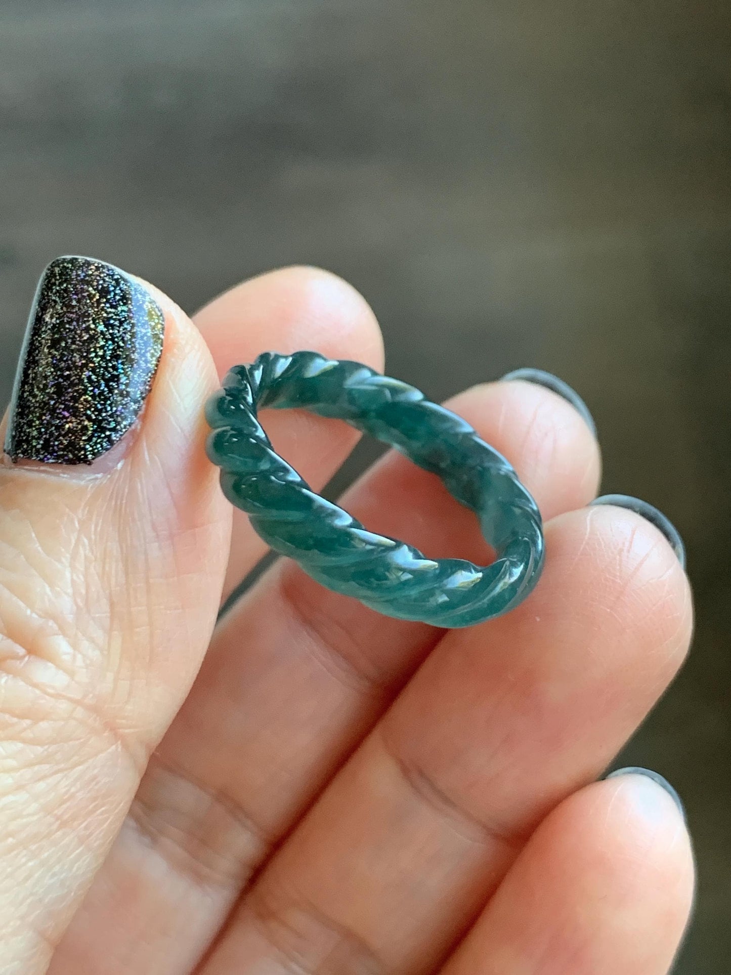 Natural Grade A Guatemalan Icy Translucent Gelatinous Dark Teal Blue Jade Jadeite Carved Braid Band Ring Size 7.5 US 天然冰胶危蓝水翡翠麻花戒圈 MHW66A