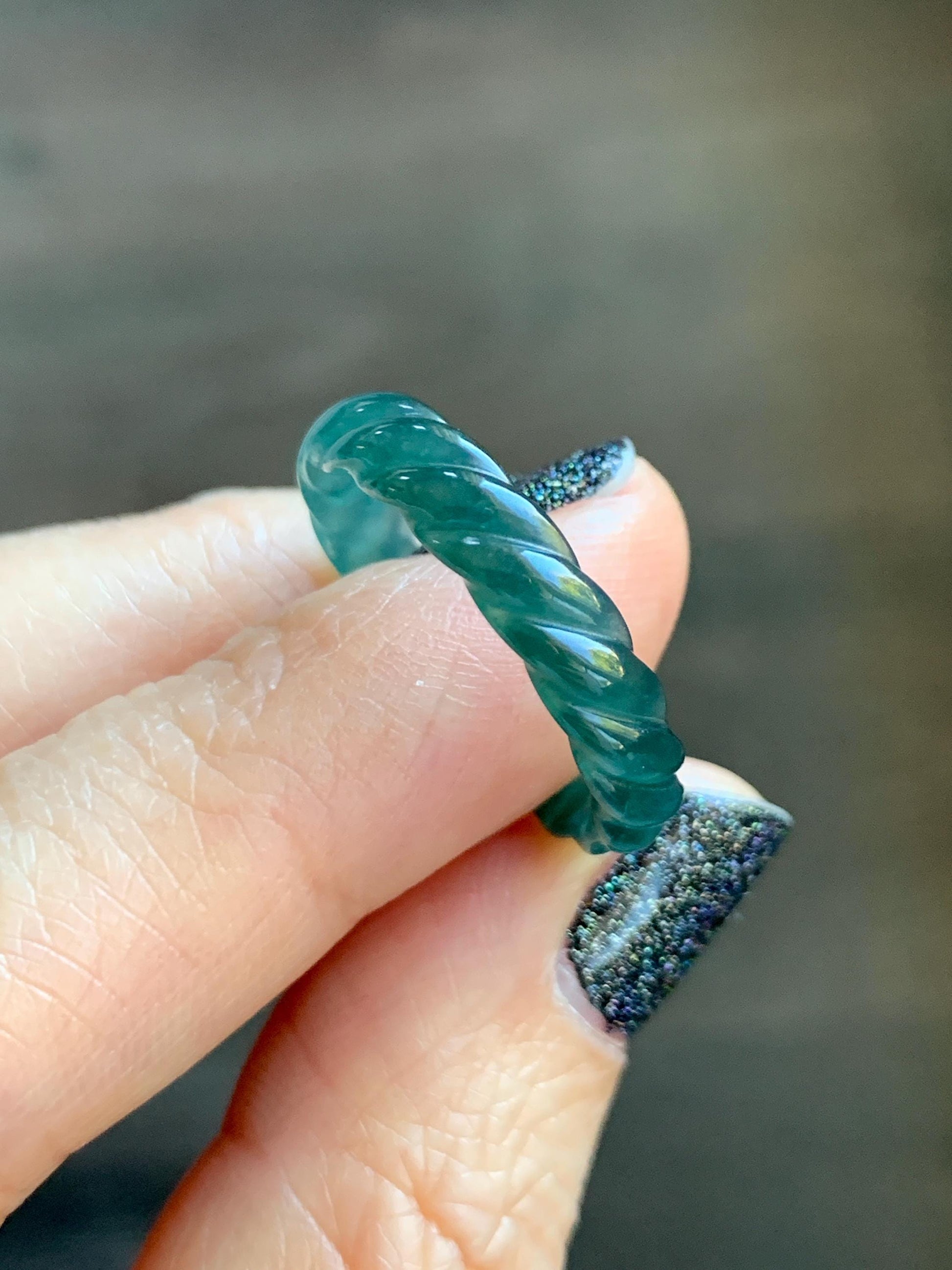 Natural Grade A Guatemalan Icy Translucent Gelatinous Dark Teal Blue Jade Jadeite Carved Braid Band Ring Size 7.5 US 天然冰胶危蓝水翡翠麻花戒圈 MHW66A