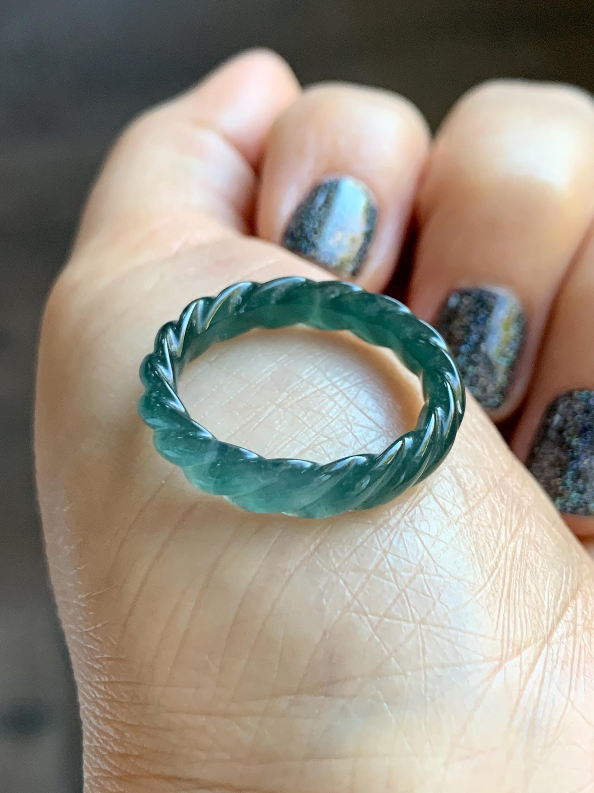 Natural Grade A Guatemalan Icy Translucent Gelatinous Dark Teal Blue Jade Jadeite Carved Braid Band Ring Size 7.5 US 天然冰胶危蓝水翡翠麻花戒圈 MHW66A