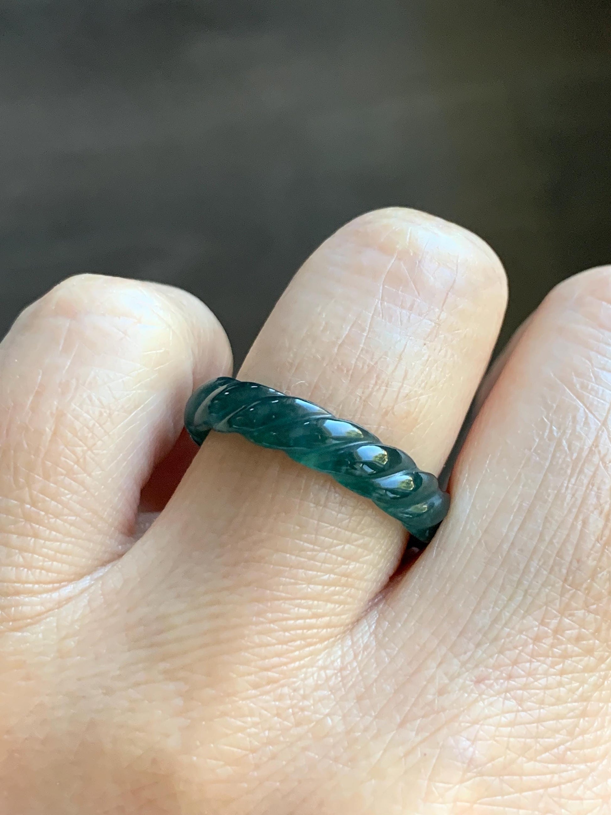 Natural Grade A Guatemalan Icy Translucent Gelatinous Dark Teal Blue Jade Jadeite Carved Braid Band Ring Size 7.5 US 天然冰胶危蓝水翡翠麻花戒圈 MHW66A