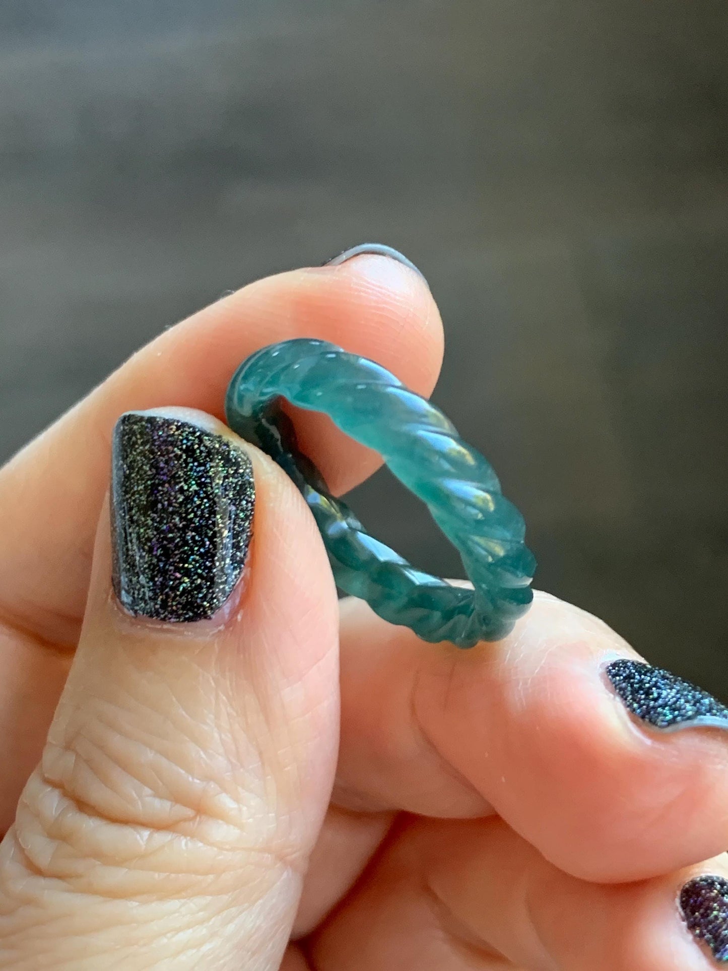 Natural Grade A Guatemalan Icy Translucent Gelatinous Dark Teal Blue Jade Jadeite Carved Braid Band Ring Size 7.5 US 天然冰胶危蓝水翡翠麻花戒圈 MHW66A