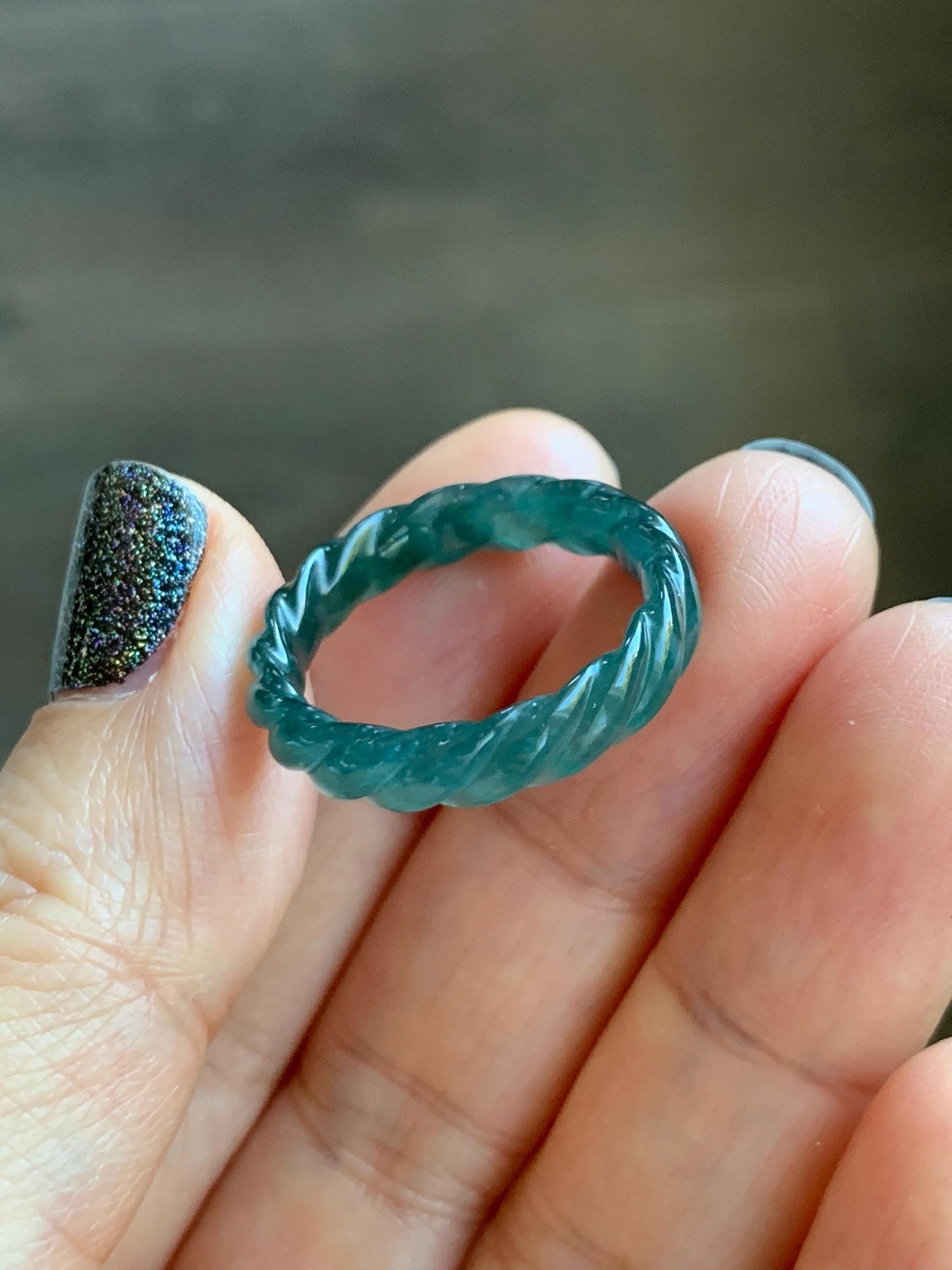 Natural Grade A Guatemalan Icy Translucent Gelatinous Dark Teal Blue Jade Jadeite Carved Braid Band Ring Size 7.5 US 天然冰胶危蓝水翡翠麻花戒圈 MHW66A