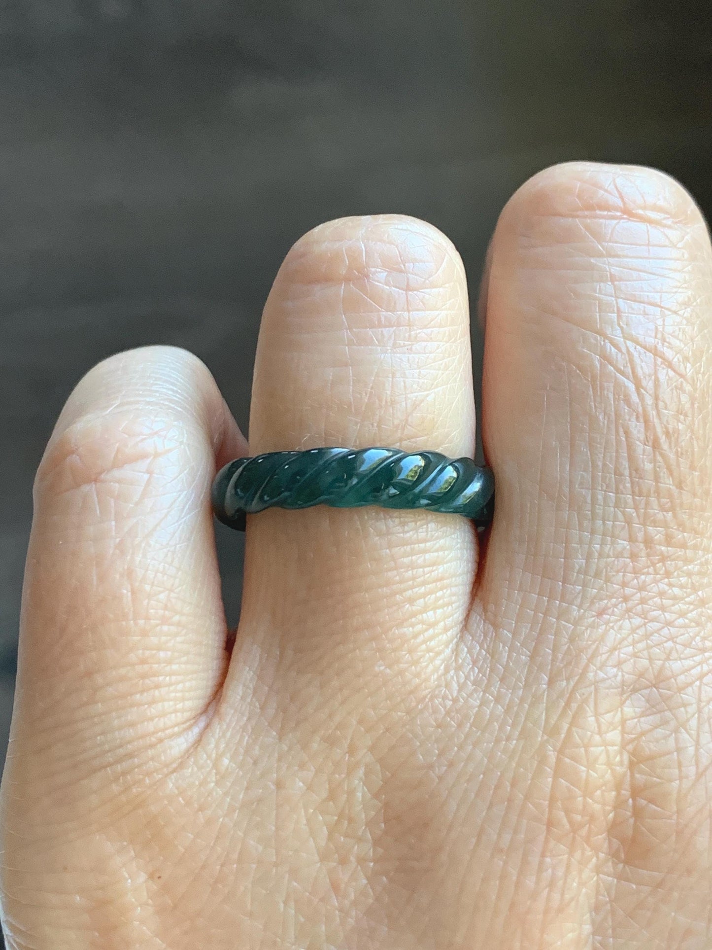 Natural Grade A Guatemalan Icy Translucent Gelatinous Dark Teal Blue Jade Jadeite Carved Braid Band Ring Size 7.5 US 天然冰胶危蓝水翡翠麻花戒圈 MHW66A