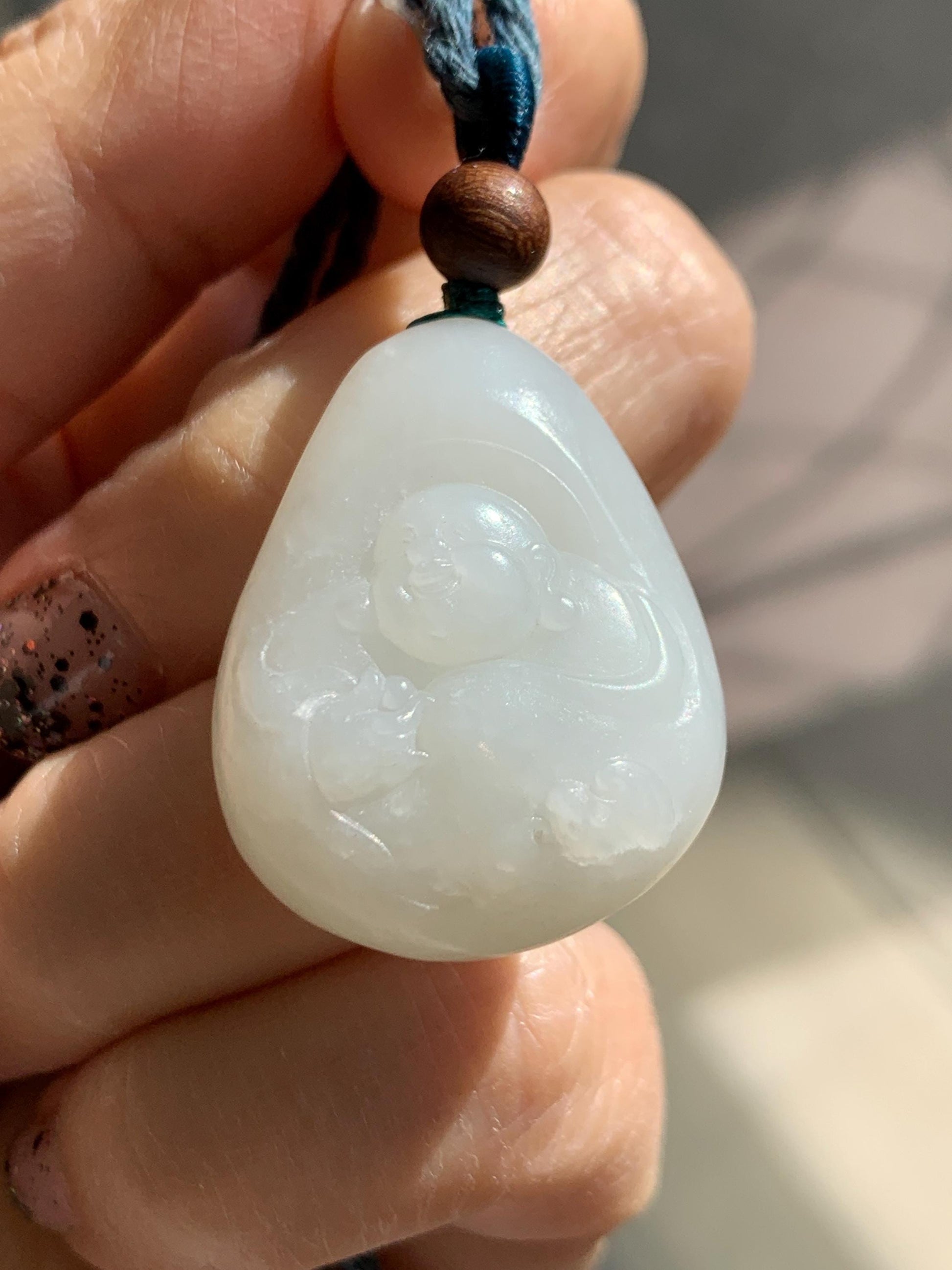 Natural Nephrite Jade Translucent Milky White Buddha Pendant Rope Necklace Adjustable 25” 15g 天然白玉佛公项链 HTB138