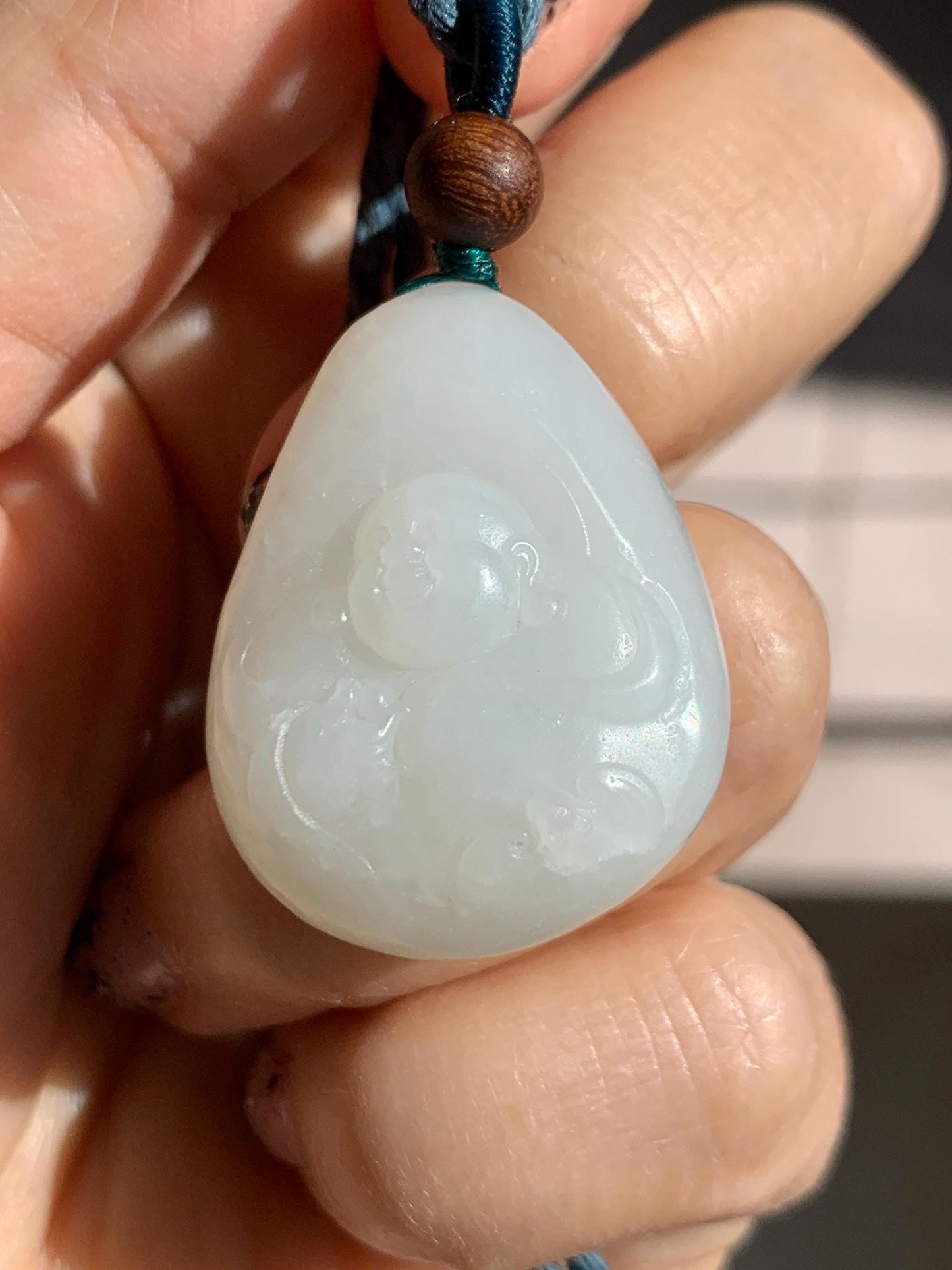 Natural Nephrite Jade Translucent Milky White Buddha Pendant Rope Necklace Adjustable 25” 15g 天然白玉佛公项链 HTB138