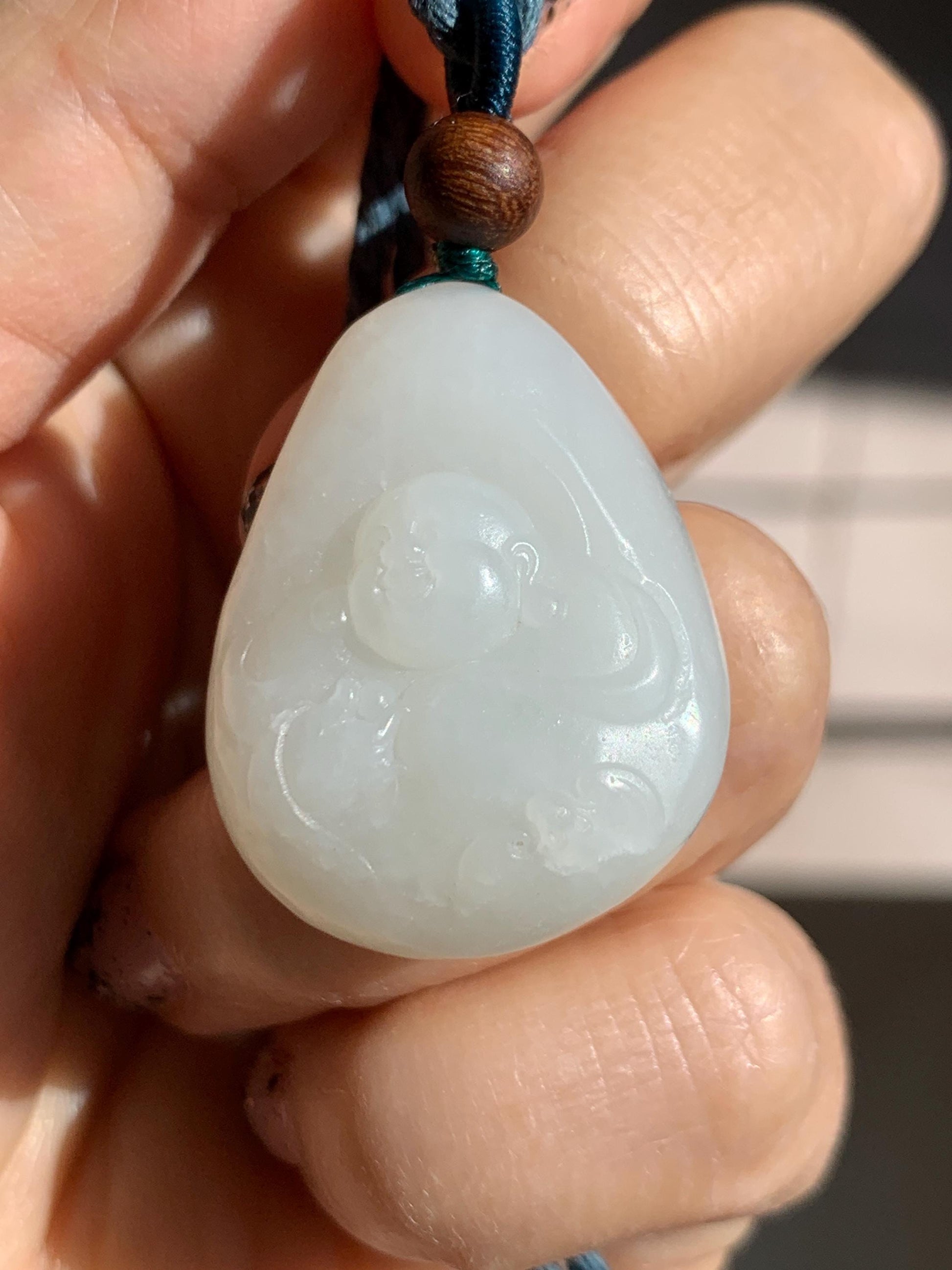 Natural Nephrite Jade Translucent Milky White Buddha Pendant Rope Necklace Adjustable 25” 15g 天然白玉佛公项链 HTB138