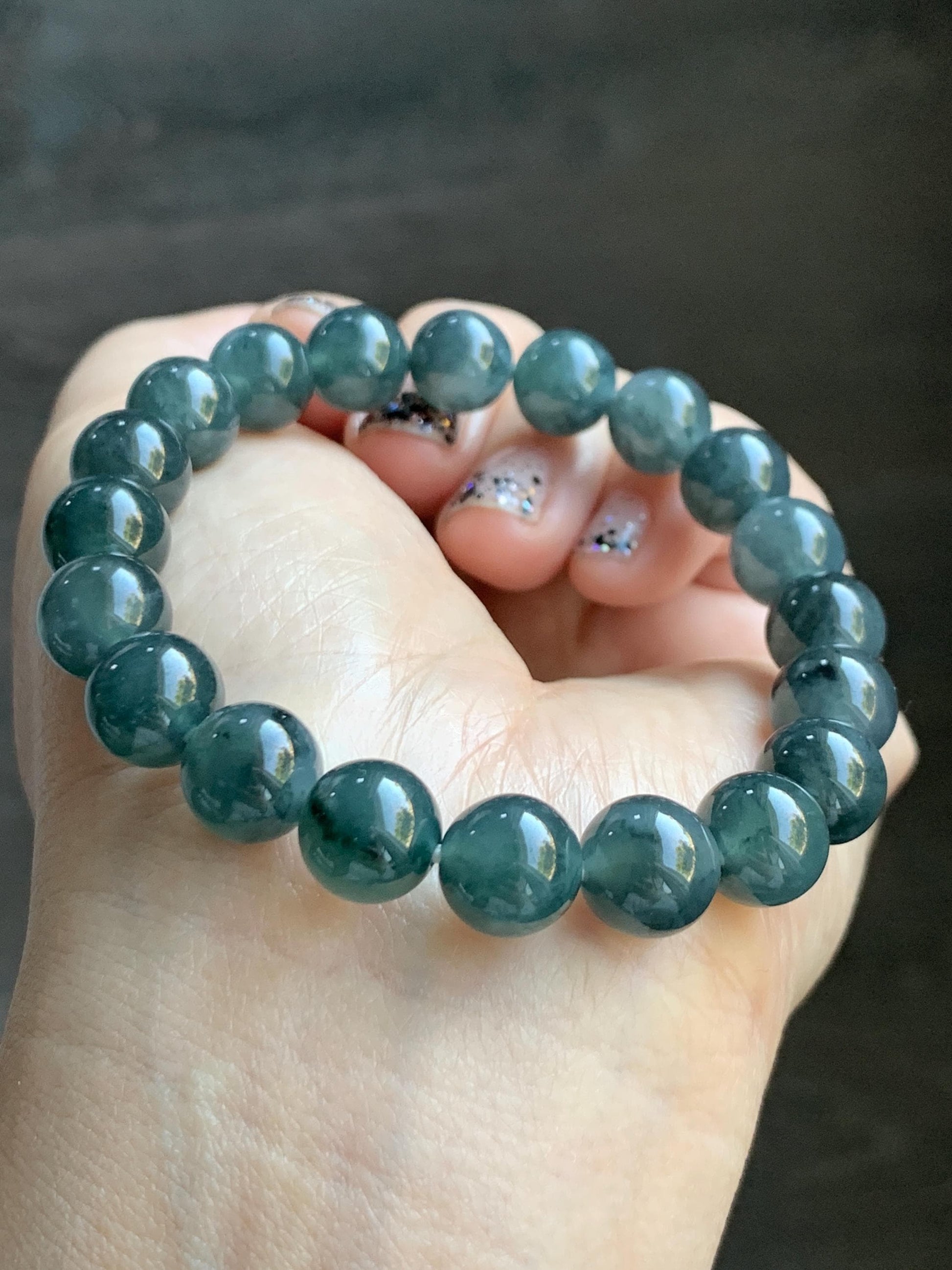 Natural Grade A Guatemalan Icy Highly Translucent Dark Gray Wuji Jade Jadeite Beads Beaded Bracelet 9.7mm 7.25” 31g 天然冰胶危乌鸡翡翠手串 WWJ650