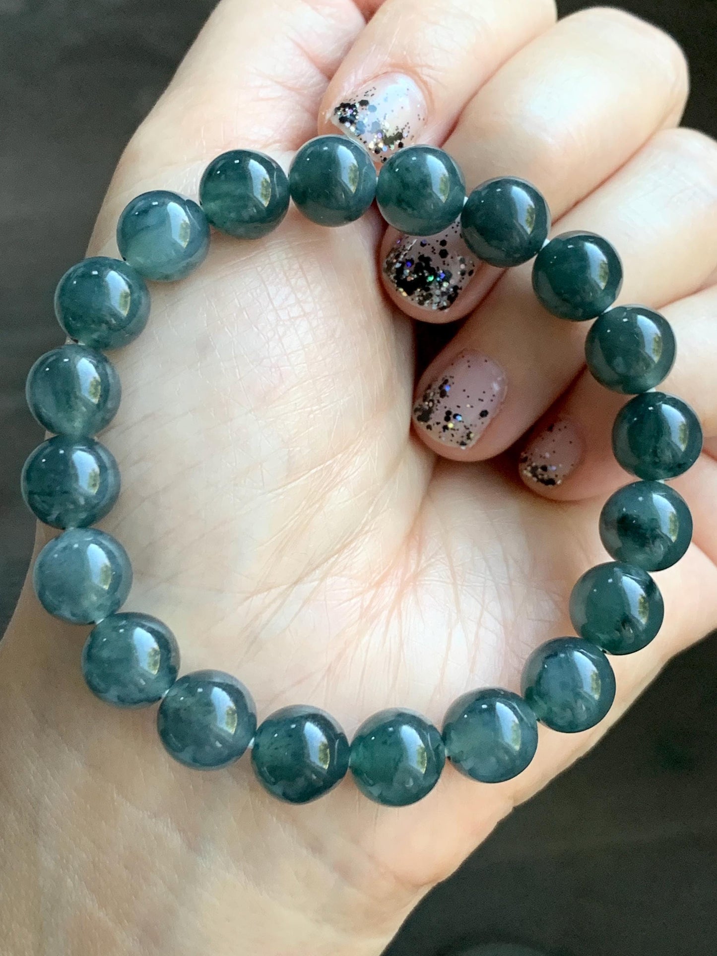 Natural Grade A Guatemalan Icy Highly Translucent Dark Gray Wuji Jade Jadeite Beads Beaded Bracelet 9.7mm 7.25” 31g 天然冰胶危乌鸡翡翠手串 WWJ650