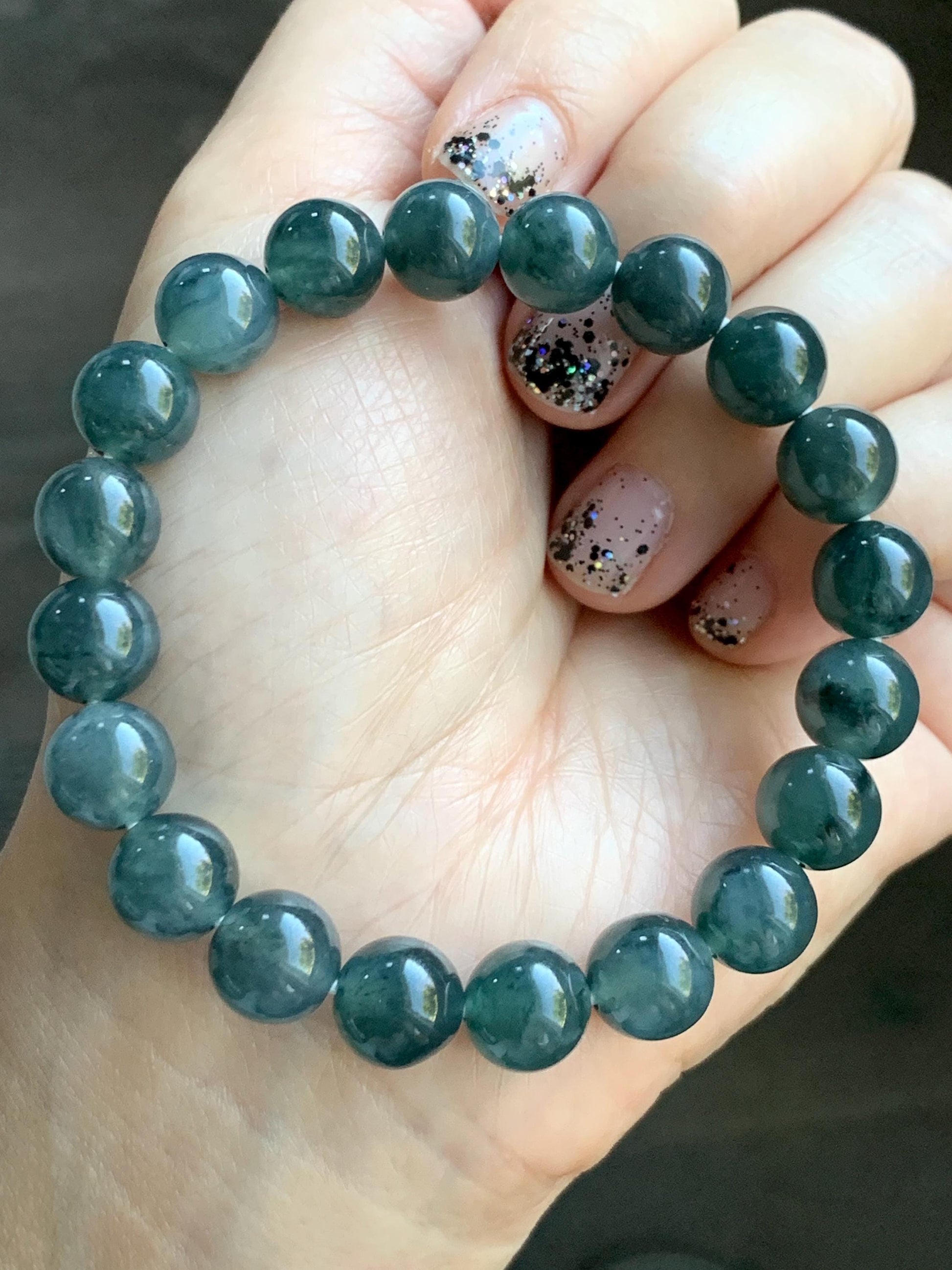 Natural Grade A Guatemalan Icy Highly Translucent Dark Gray Wuji Jade Jadeite Beads Beaded Bracelet 9.7mm 7.25” 31g 天然冰胶危乌鸡翡翠手串 WWJ650