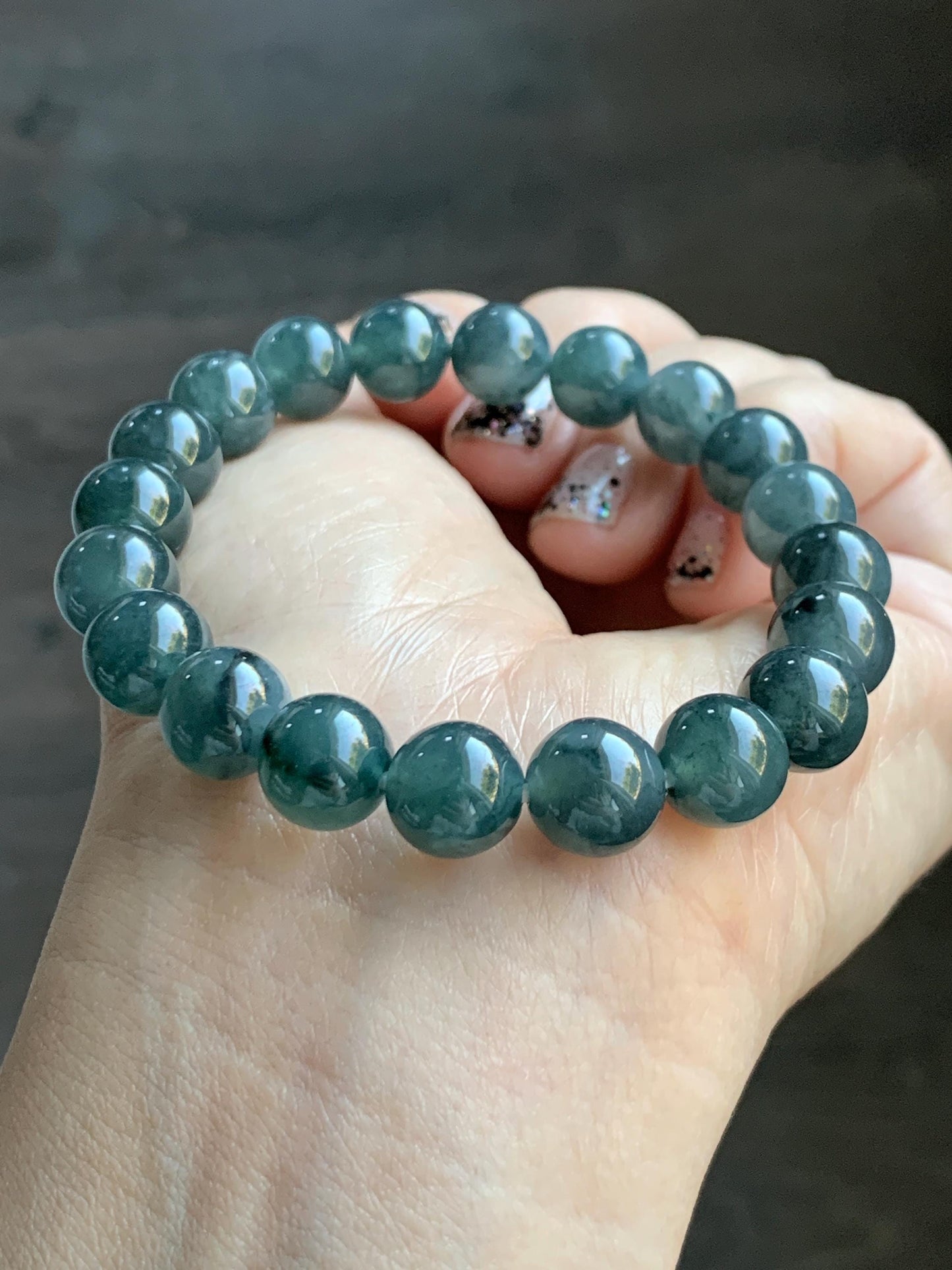 Natural Grade A Guatemalan Icy Highly Translucent Dark Gray Wuji Jade Jadeite Beads Beaded Bracelet 9.7mm 7.25” 31g 天然冰胶危乌鸡翡翠手串 WWJ650