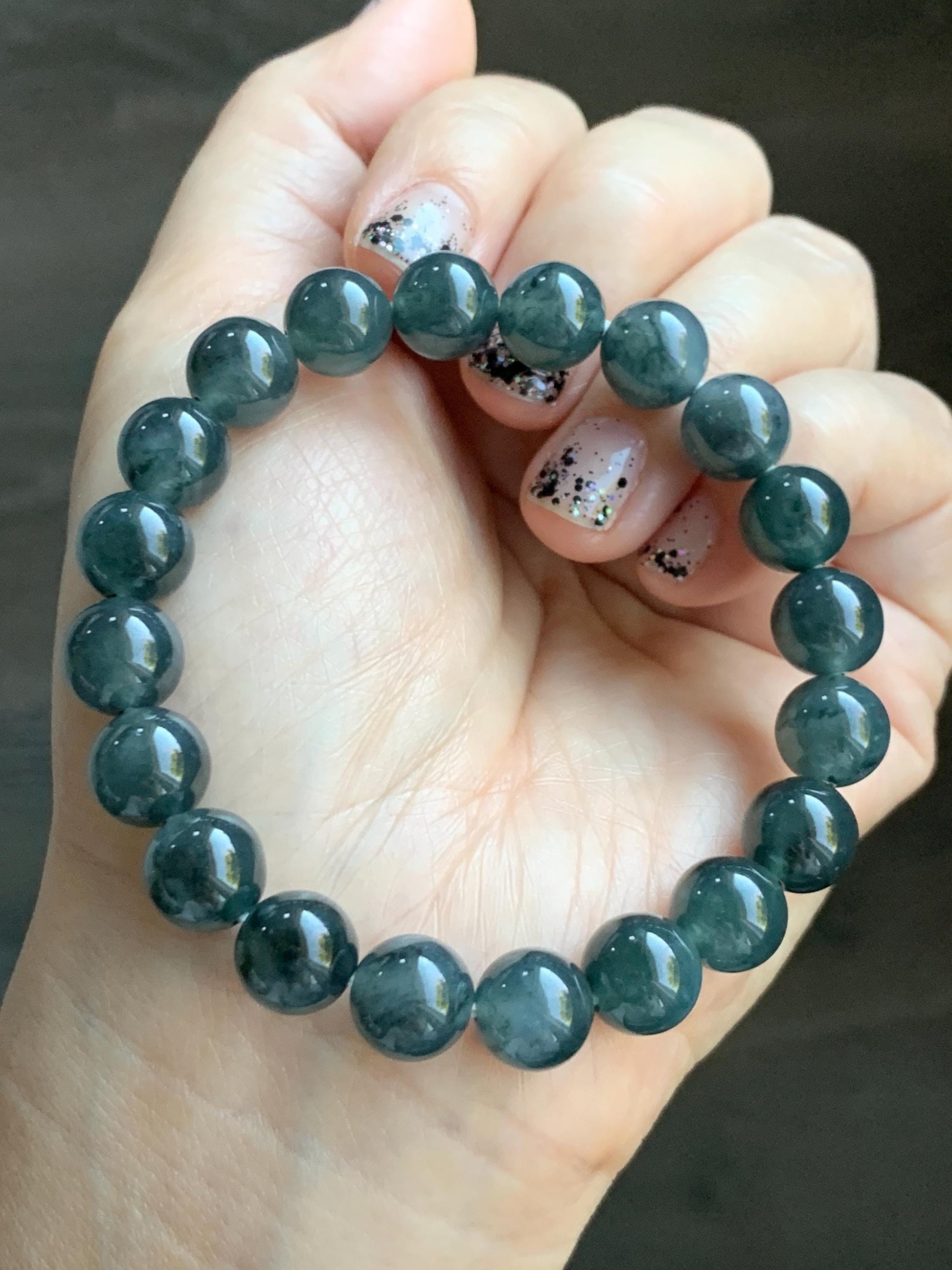 Natural Grade A Guatemalan Icy Highly Translucent Dark Gray Wuji Jade Jadeite Beads Beaded Bracelet 9.7mm 7.25” 31g 天然冰胶危乌鸡翡翠手串 WWJ650