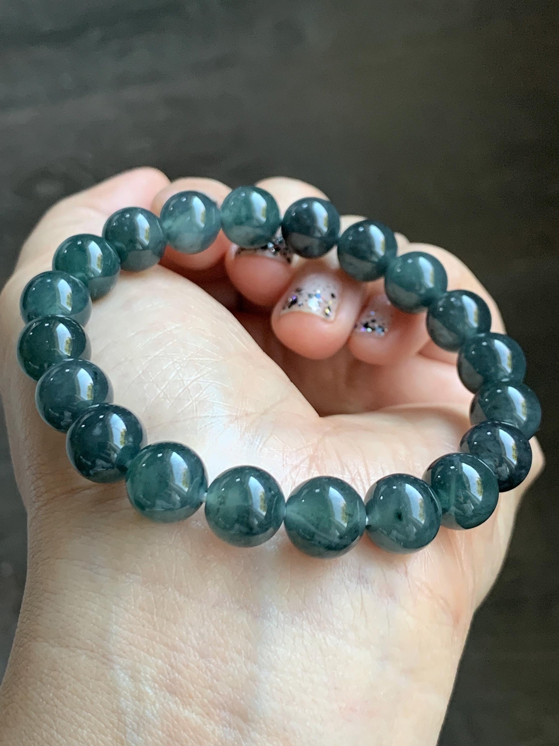 Natural Grade A Guatemalan Icy Highly Translucent Dark Gray Wuji Jade Jadeite Beads Beaded Bracelet 9.7mm 7.25” 31g 天然冰胶危乌鸡翡翠手串 WWJ650