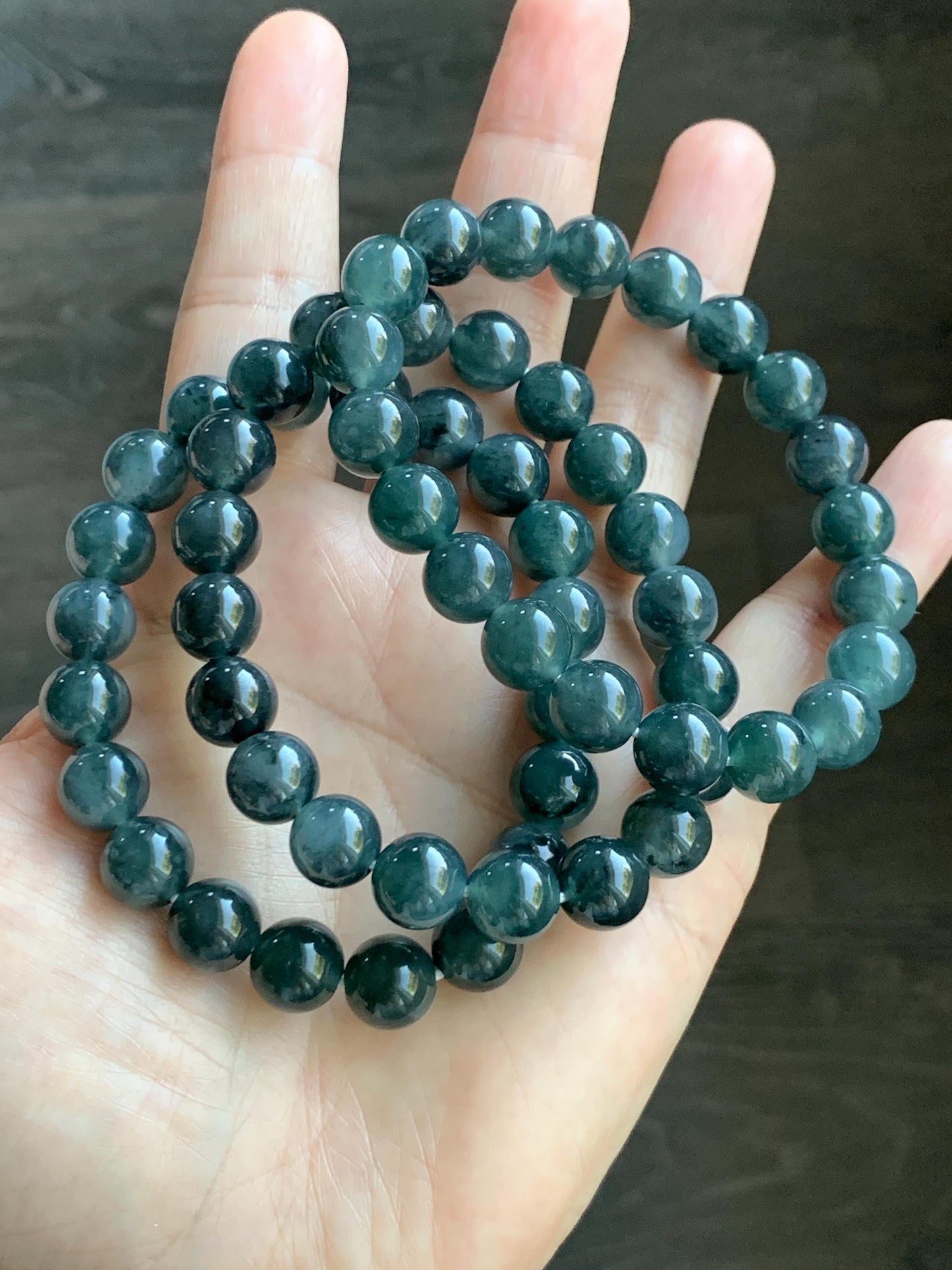 Natural Grade A Guatemalan Icy Highly Translucent Dark Gray Wuji Jade Jadeite Beads Beaded Bracelet 9.7mm 7.25” 31g 天然冰胶危乌鸡翡翠手串 WWJ650
