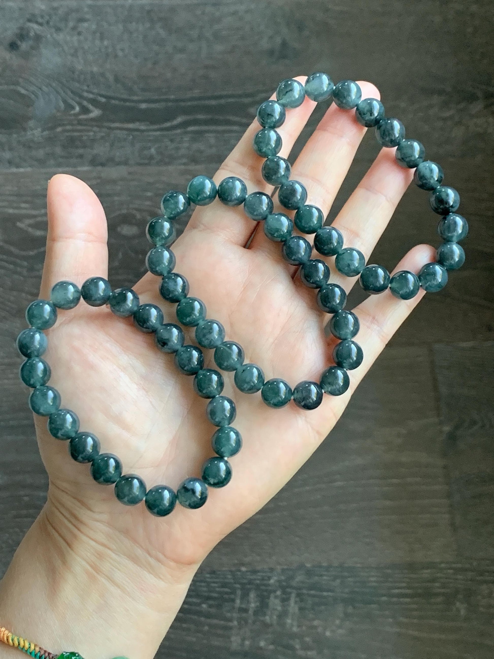 Natural Grade A Guatemalan Icy Highly Translucent Dark Gray Wuji Jade Jadeite Beads Beaded Bracelet 9.7mm 7.25” 31g 天然冰胶危乌鸡翡翠手串 WWJ650