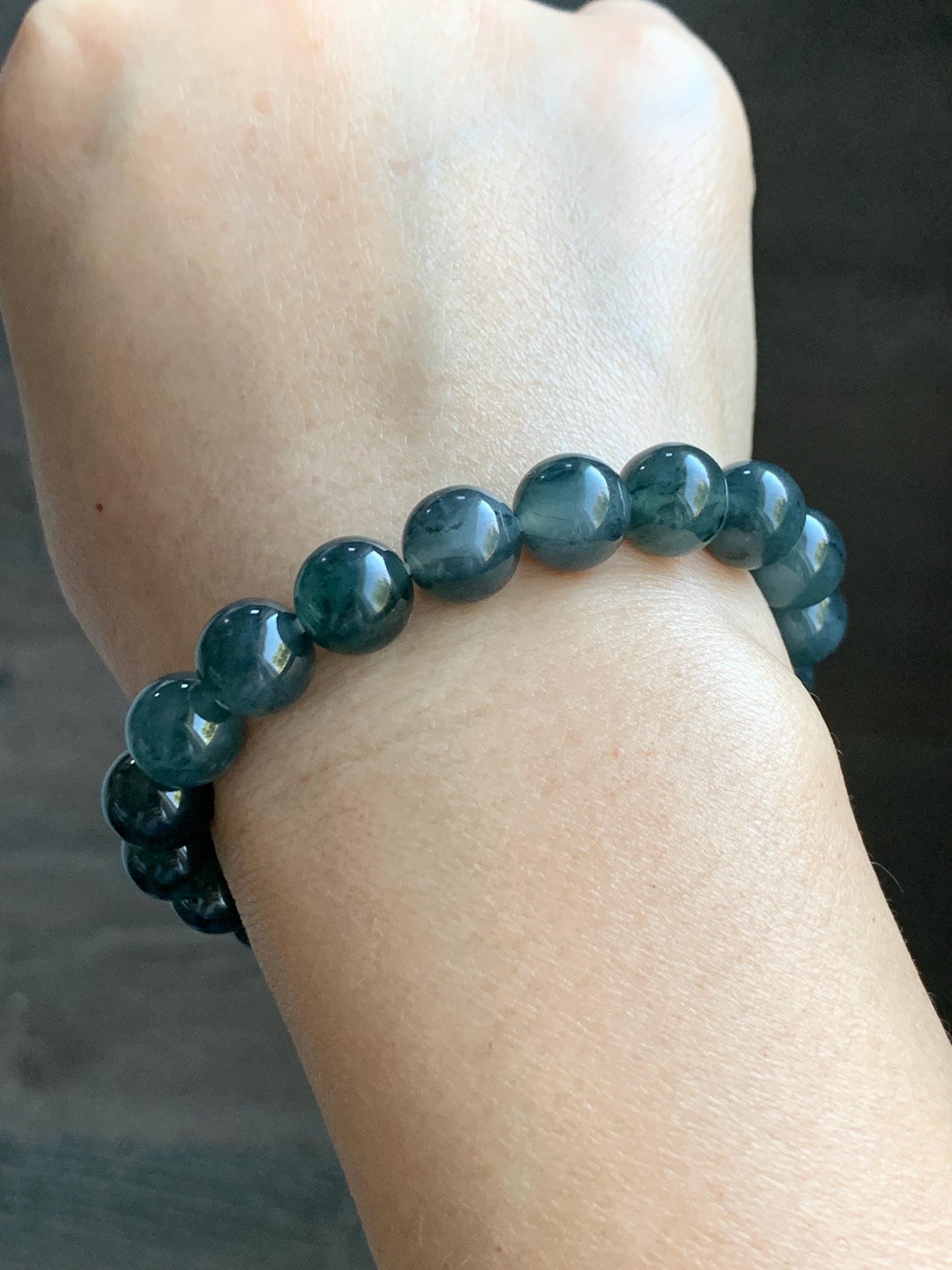 Natural Grade A Guatemalan Icy Highly Translucent Dark Gray Wuji Jade Jadeite Beads Beaded Bracelet 9.7mm 7.25” 31g 天然冰胶危乌鸡翡翠手串 WWJ650