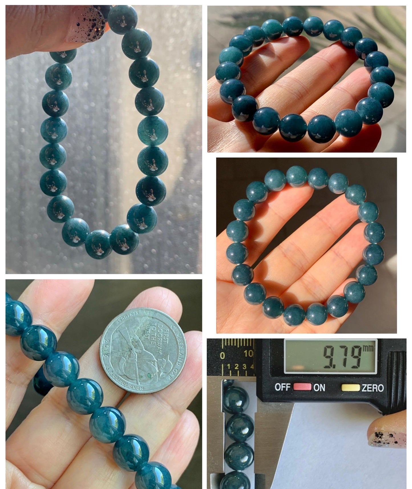 Natural Grade A Guatemalan Icy Translucent Dark Aegean Blue Jade Jadeite Beaded Bracelet 9.8mm 7.25” 33g 天然冰危深牛仔蓝翡翠圆珠手串 SNJ880B