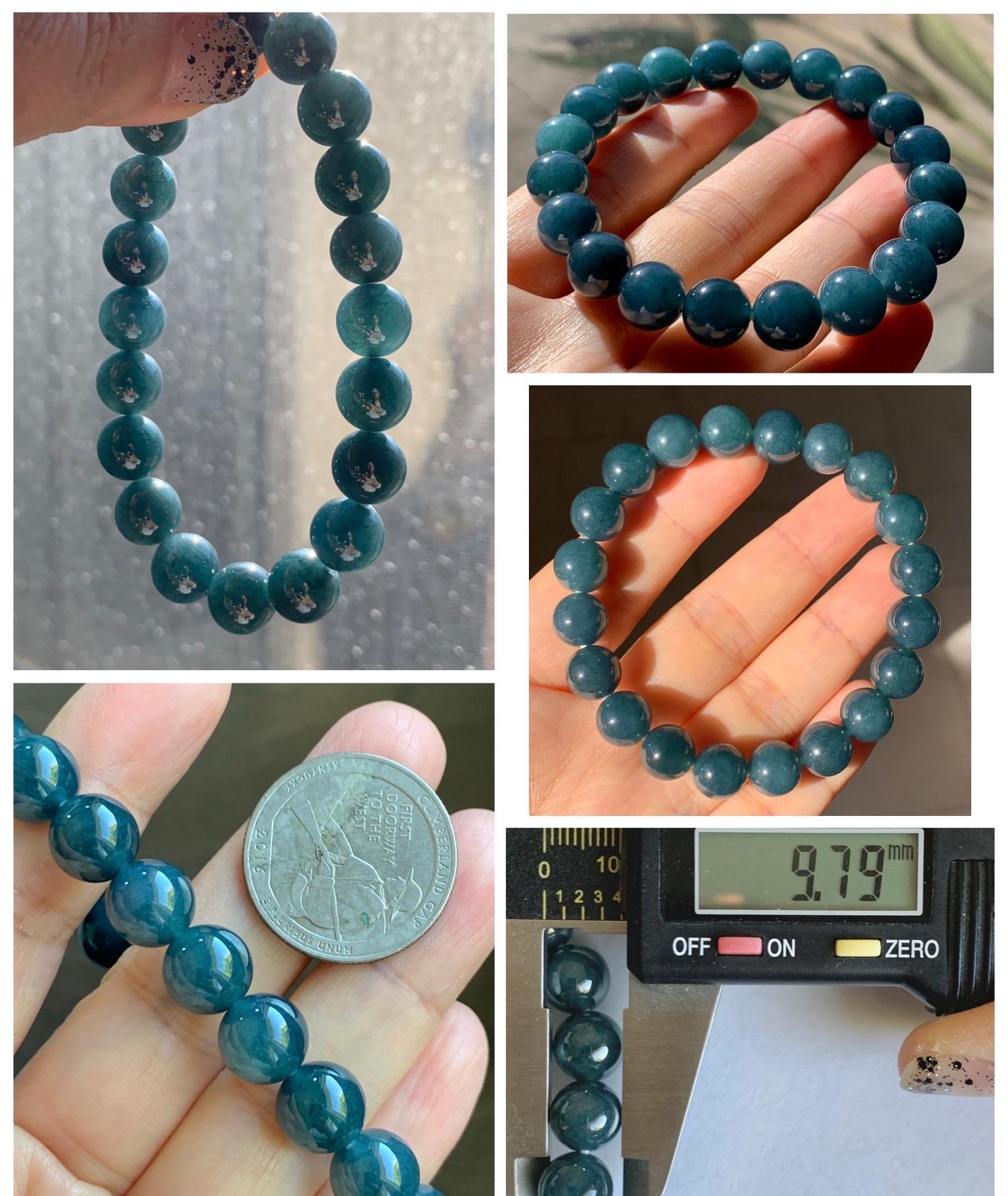 Natural Grade A Guatemalan Icy Translucent Dark Aegean Blue Jade Jadeite Beaded Bracelet 9.8mm 7.25” 33g 天然冰危深牛仔蓝翡翠圆珠手串 SNJ880B