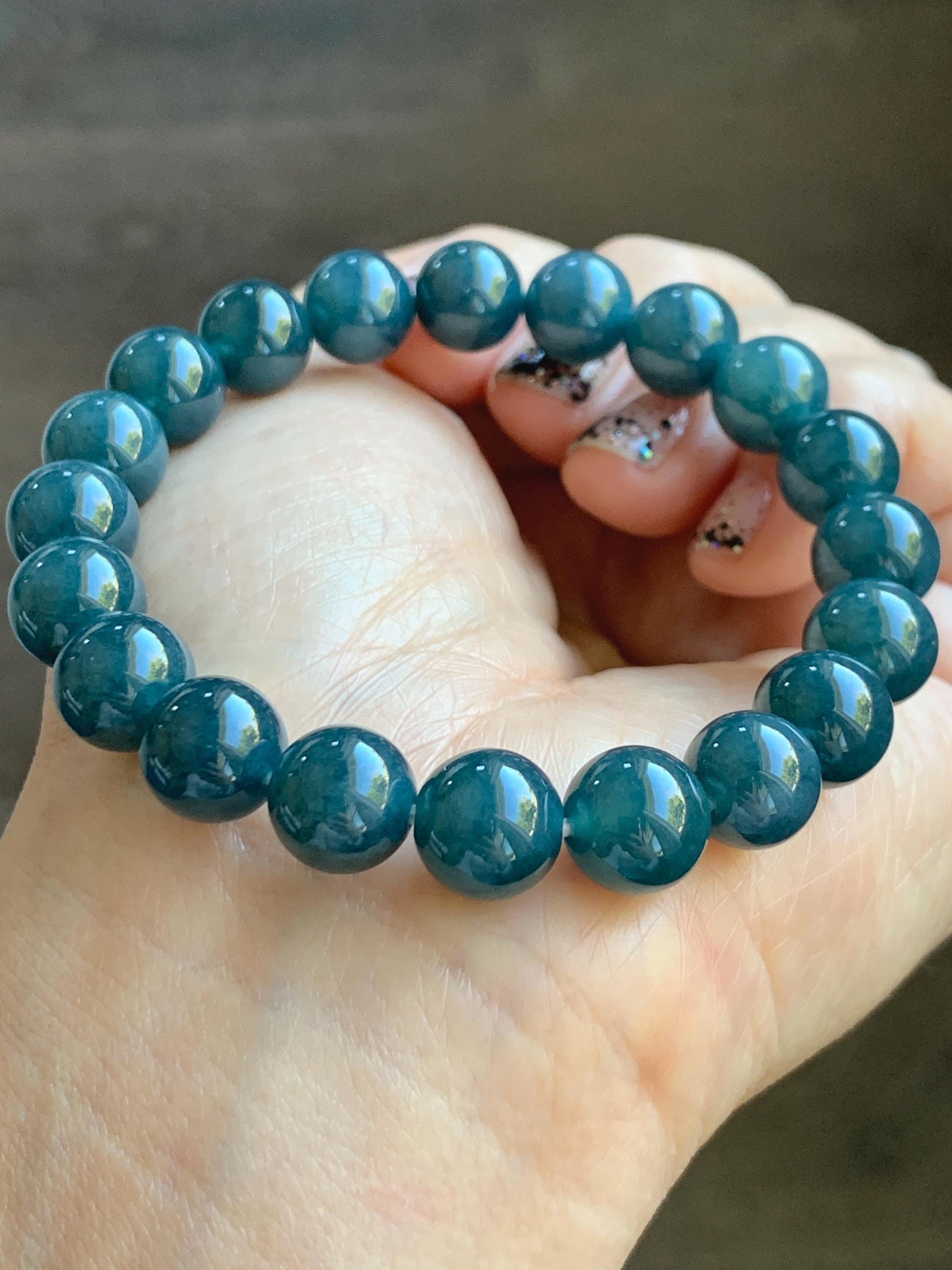 Natural Grade A Guatemalan Icy Translucent Dark Aegean Blue Jade Jadeite Beaded Bracelet 9.8mm 7.25” 33g 天然冰危深牛仔蓝翡翠圆珠手串 SNJ880B