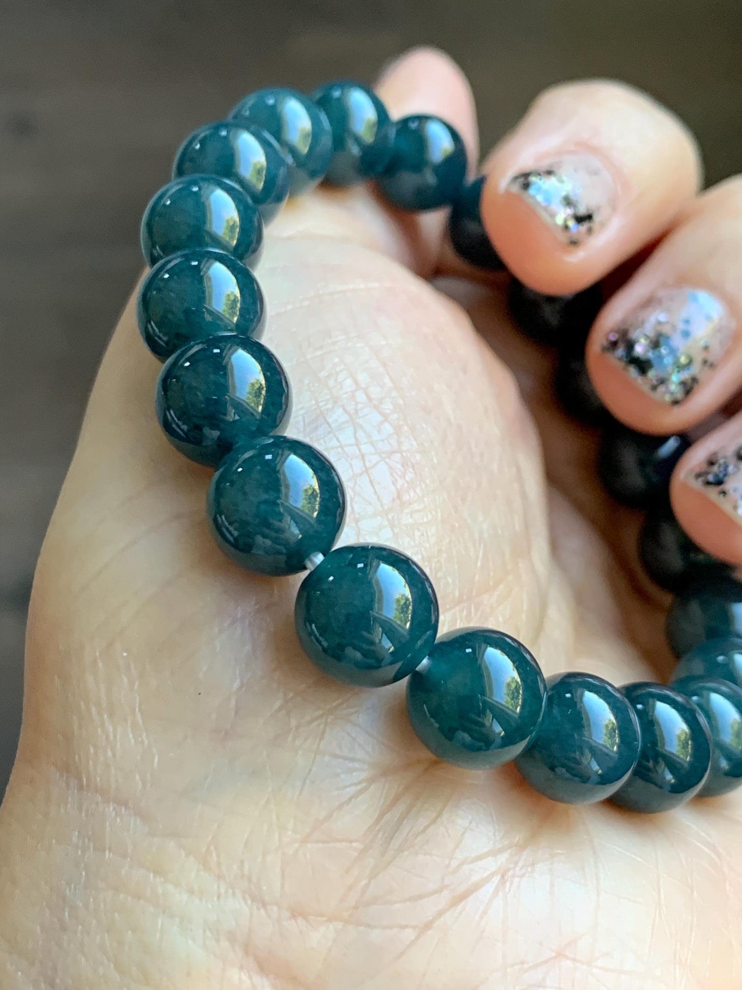 Natural Grade A Guatemalan Icy Translucent Dark Aegean Blue Jade Jadeite Beaded Bracelet 9.8mm 7.25” 33g 天然冰危深牛仔蓝翡翠圆珠手串 SNJ880B