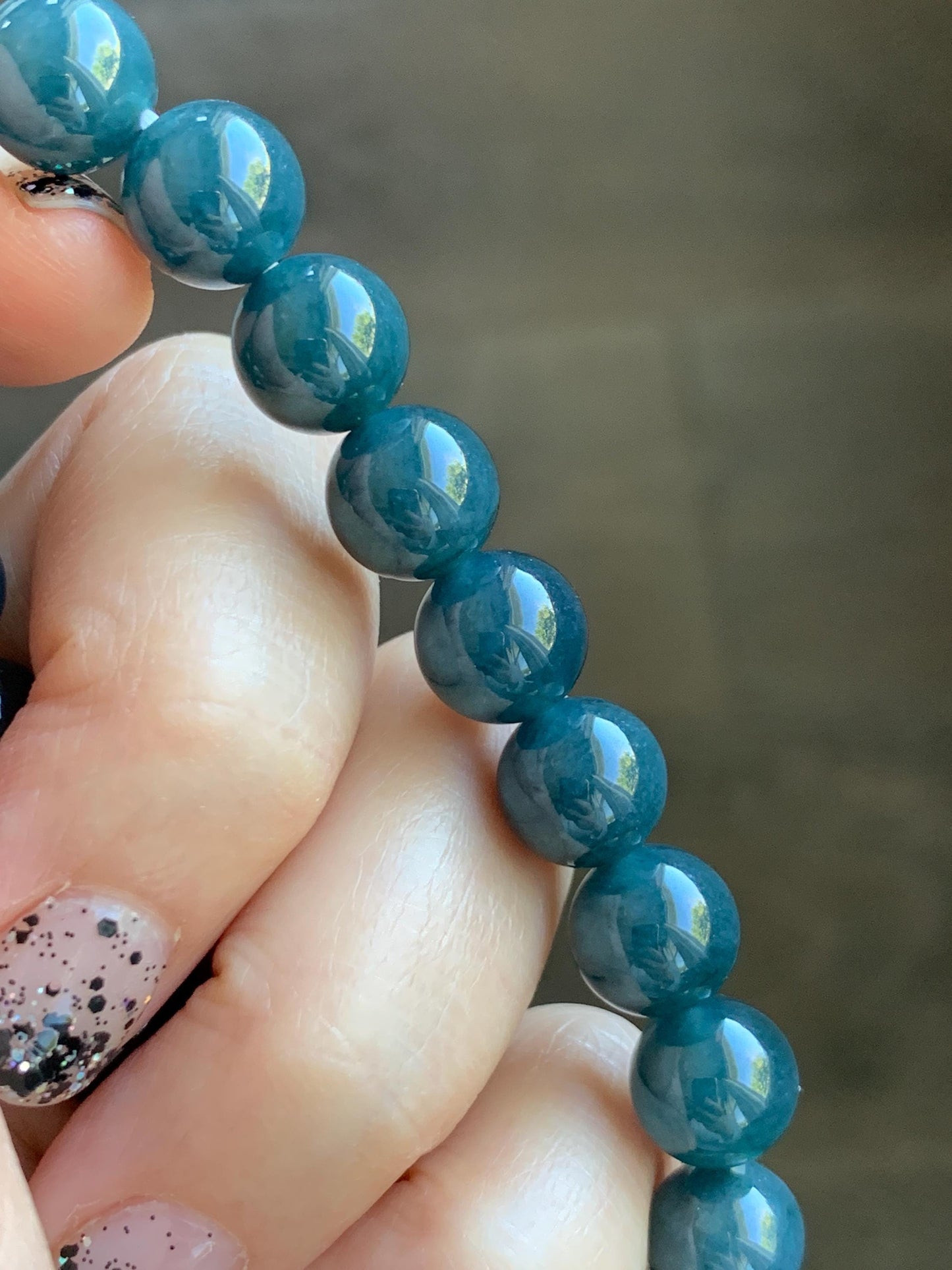 Natural Grade A Guatemalan Icy Translucent Dark Aegean Blue Jade Jadeite Beaded Bracelet 9.8mm 7.25” 33g 天然冰危深牛仔蓝翡翠圆珠手串 SNJ880B