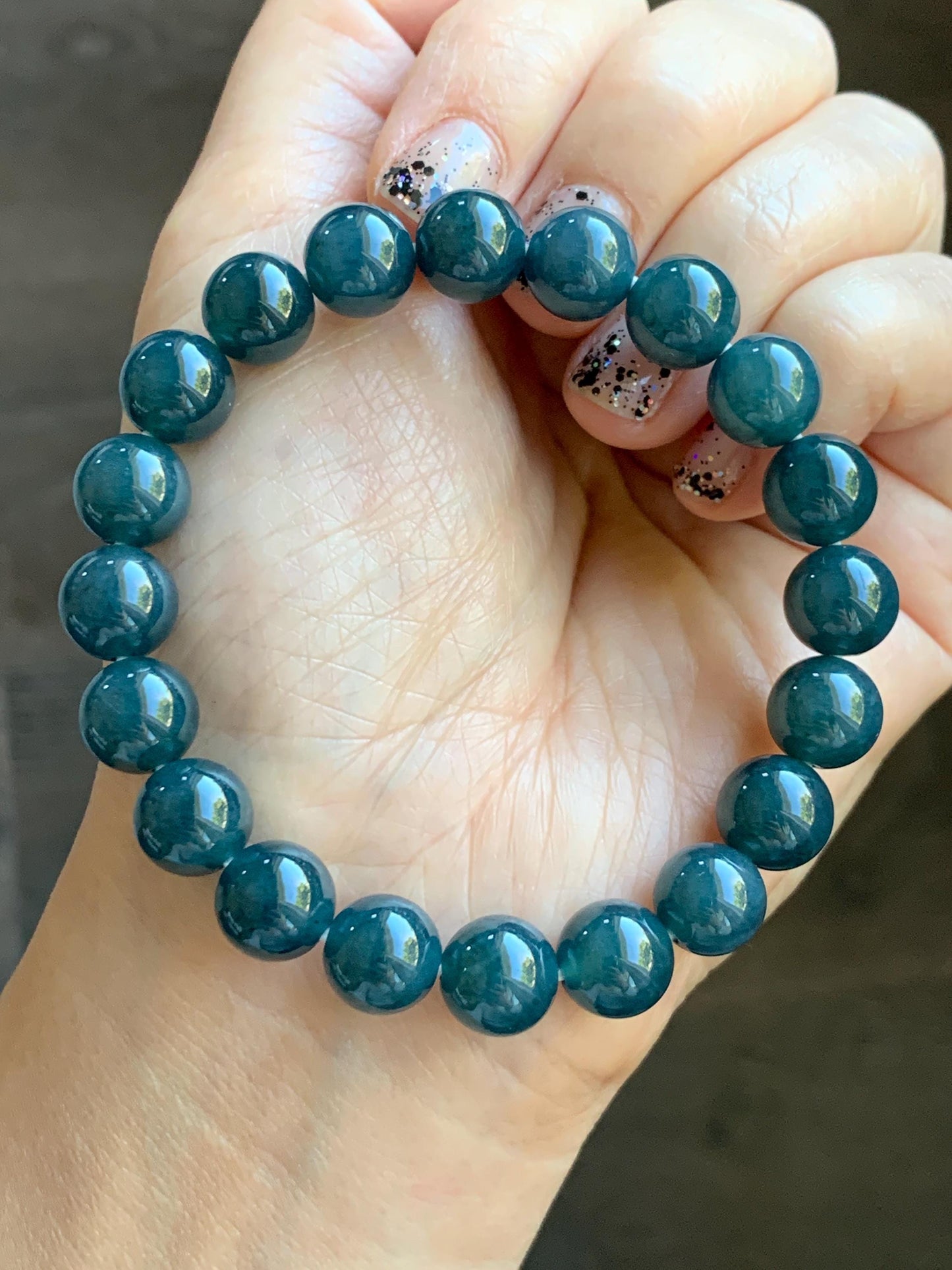 Natural Grade A Guatemalan Icy Translucent Dark Aegean Blue Jade Jadeite Beaded Bracelet 9.8mm 7.25” 33g 天然冰危深牛仔蓝翡翠圆珠手串 SNJ880B