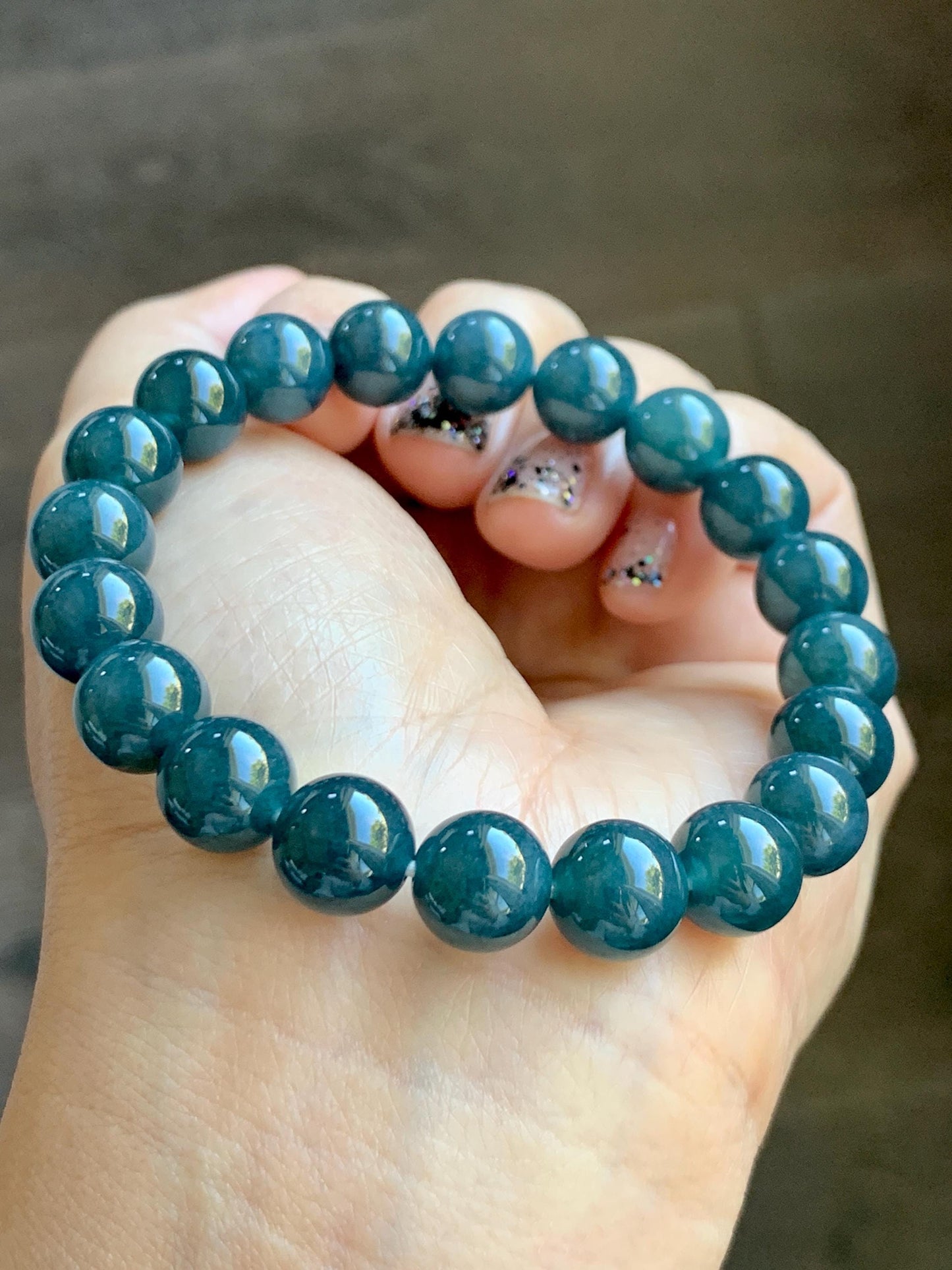 Natural Grade A Guatemalan Icy Translucent Dark Aegean Blue Jade Jadeite Beaded Bracelet 9.8mm 7.25” 33g 天然冰危深牛仔蓝翡翠圆珠手串 SNJ880B
