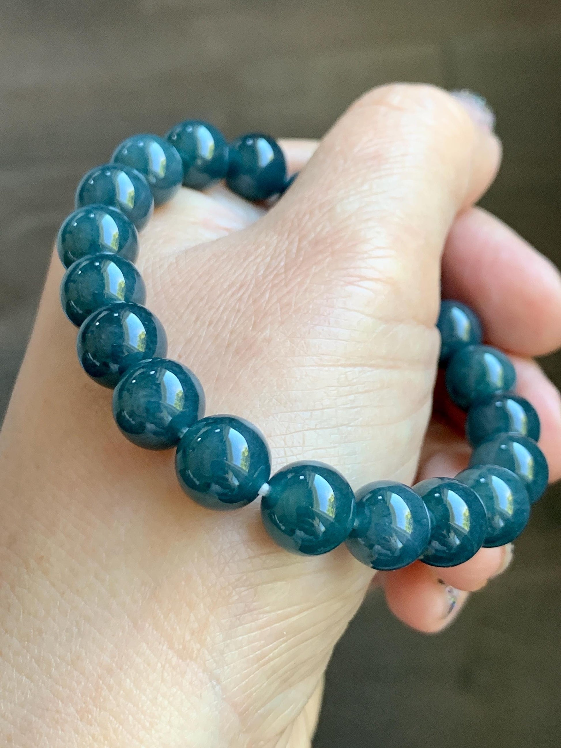 Natural Grade A Guatemalan Icy Translucent Dark Aegean Blue Jade Jadeite Beaded Bracelet 9.8mm 7.25” 33g 天然冰危深牛仔蓝翡翠圆珠手串 SNJ880B