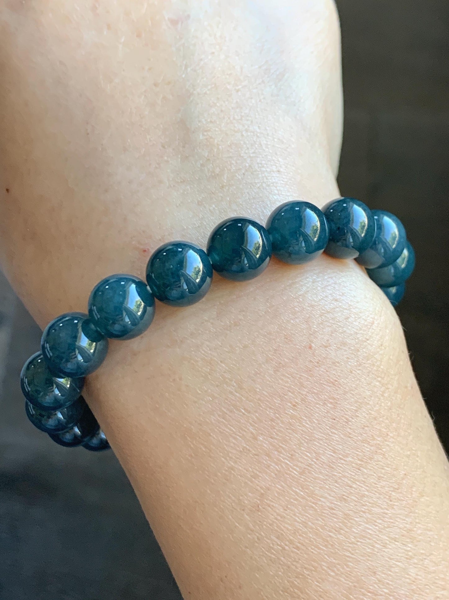 Natural Grade A Guatemalan Icy Translucent Dark Aegean Blue Jade Jadeite Beaded Bracelet 9.8mm 7.25” 33g 天然冰危深牛仔蓝翡翠圆珠手串 SNJ880B