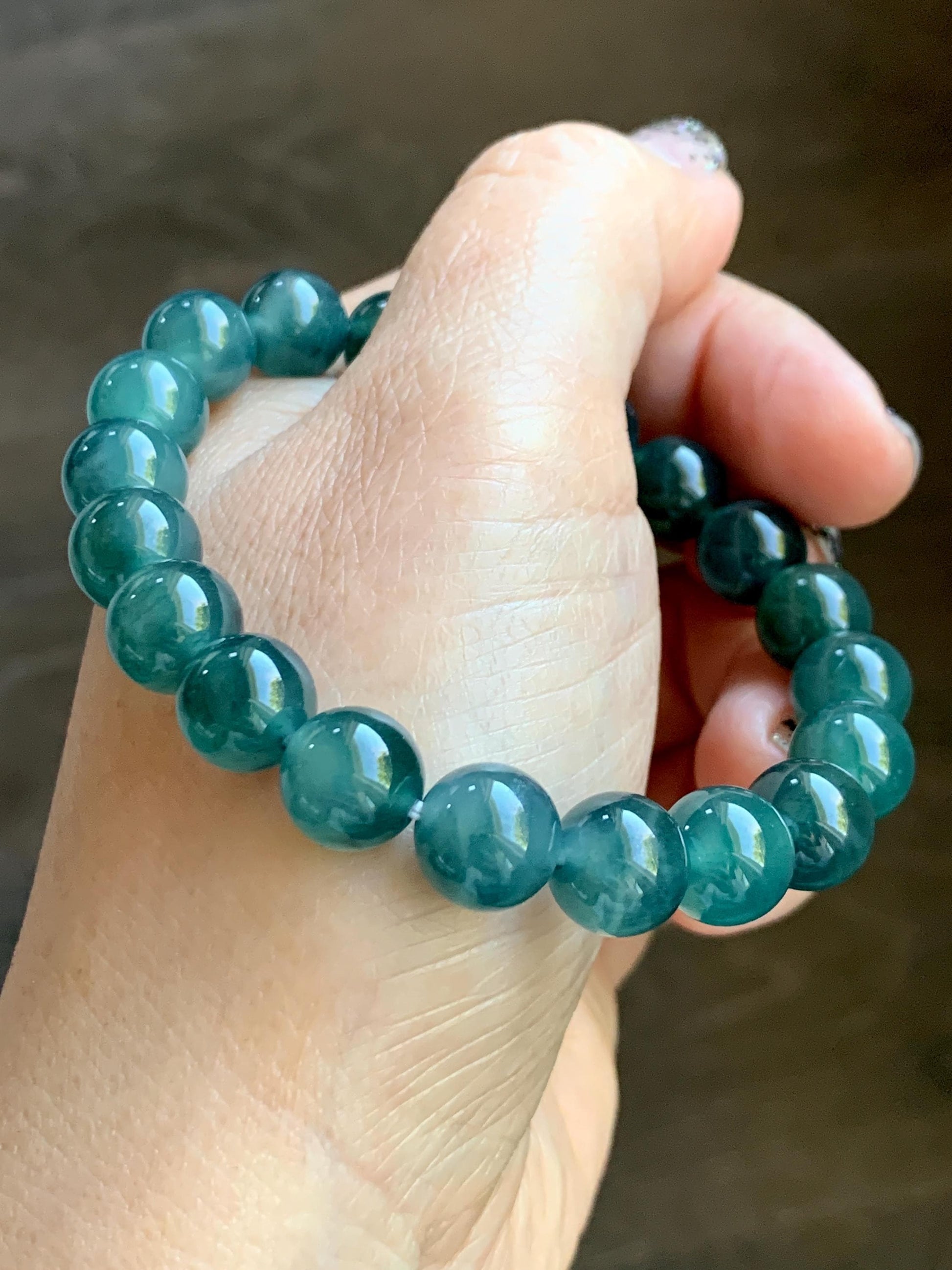 Natural Grade A Guatemalan Icy Highly Translucent Dark Teal Green Jade Jadeite Beaded Bracelet Stretchy 9.8mm 7.25” 32g 天然冰危深蓝绿翡翠圆珠手串WTL480B