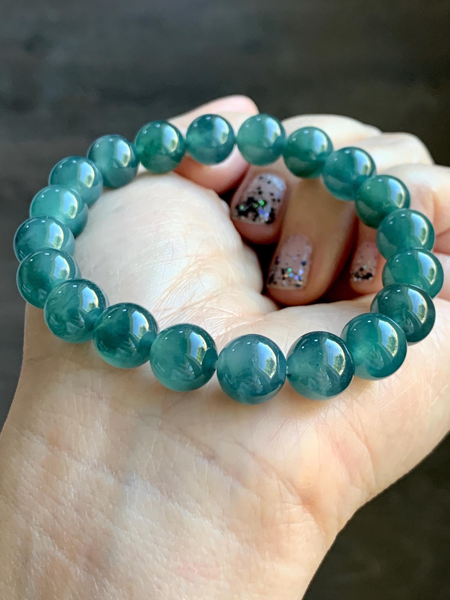 Natural Grade A Guatemalan Icy Highly Translucent Dark Teal Green Jade Jadeite Beaded Bracelet Stretchy 9.8mm 7.25” 32g 天然冰危深蓝绿翡翠圆珠手串WTL480B