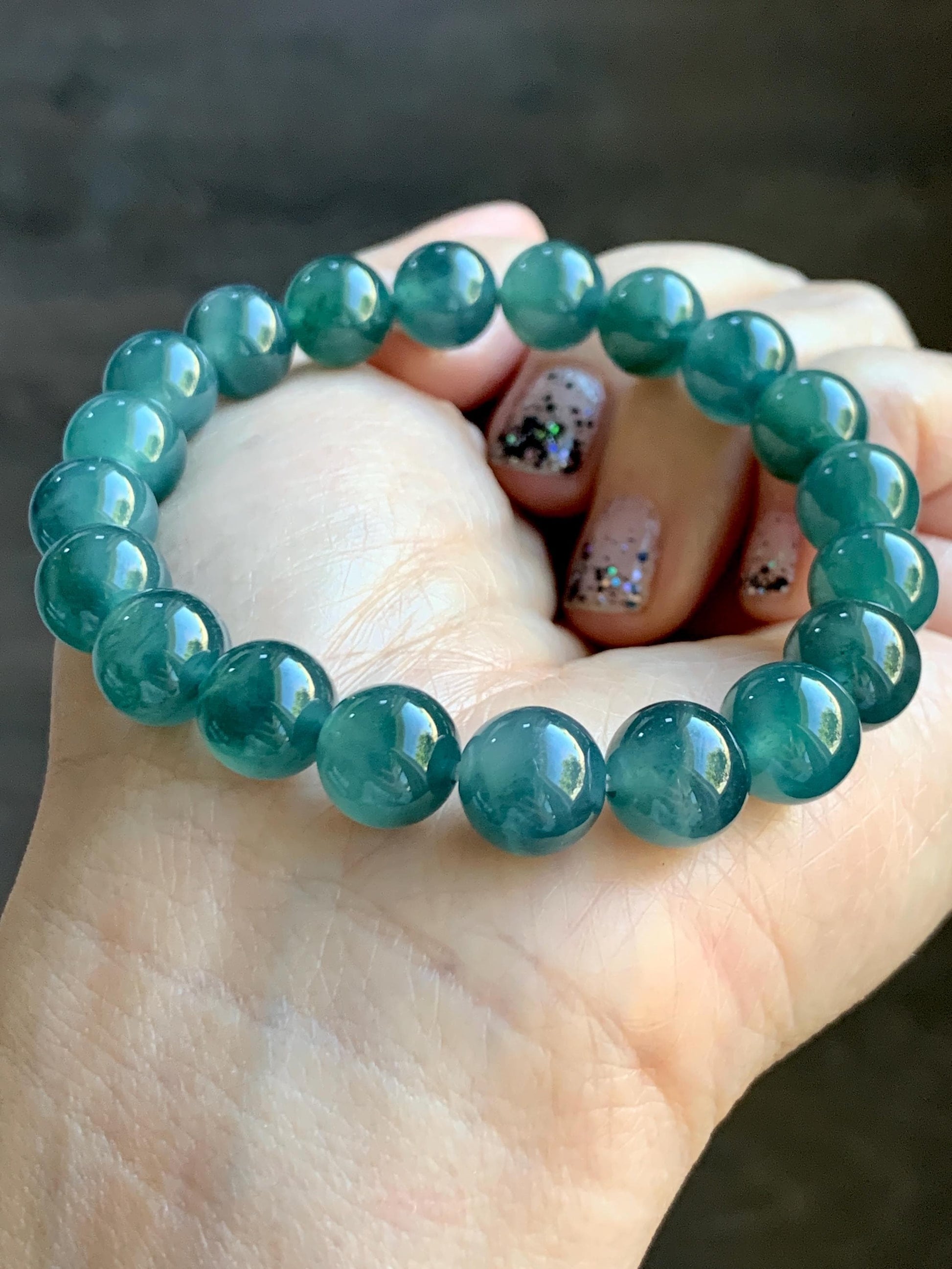 Natural Grade A Guatemalan Icy Highly Translucent Dark Teal Green Jade Jadeite Beaded Bracelet Stretchy 9.8mm 7.25” 32g 天然冰危深蓝绿翡翠圆珠手串WTL480B