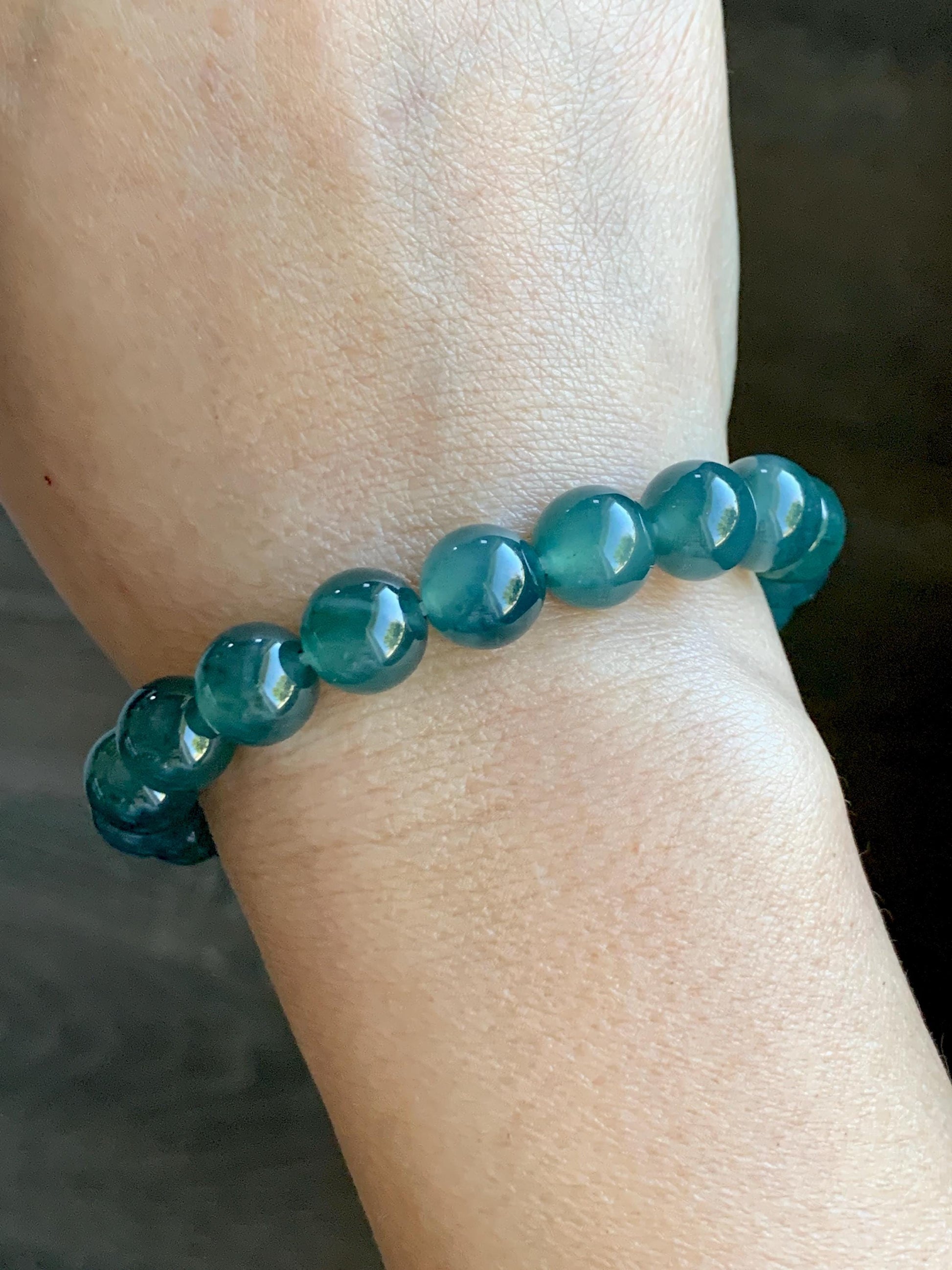 Natural Grade A Guatemalan Icy Highly Translucent Dark Teal Green Jade Jadeite Beaded Bracelet Stretchy 9.8mm 7.25” 32g 天然冰危深蓝绿翡翠圆珠手串WTL480B