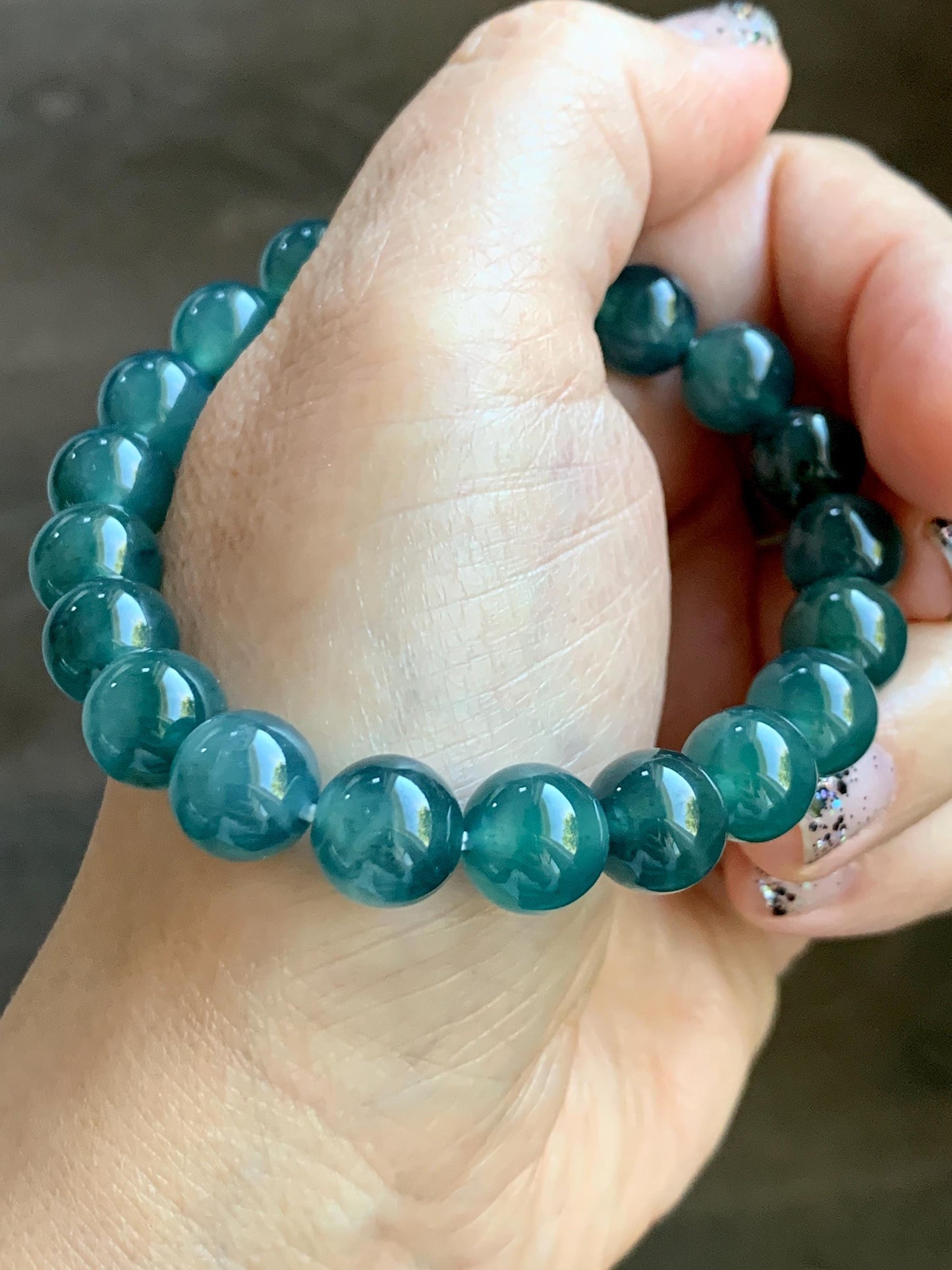 Natural Grade A Guatemalan Icy Highly Translucent Dark Teal Green Jade Jadeite Beaded Bracelet Stretchy 9.8mm 7.25” 32g 天然冰危深蓝绿翡翠圆珠手串WTL480B