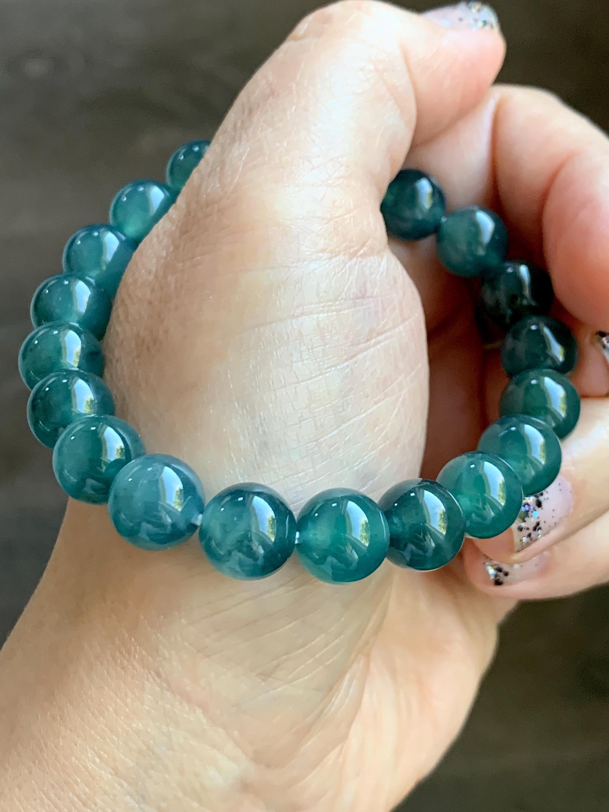 Natural Grade A Guatemalan Icy Highly Translucent Dark Teal Green Jade Jadeite Beaded Bracelet Stretchy 9.8mm 7.25” 32g 天然冰危深蓝绿翡翠圆珠手串WTL480B