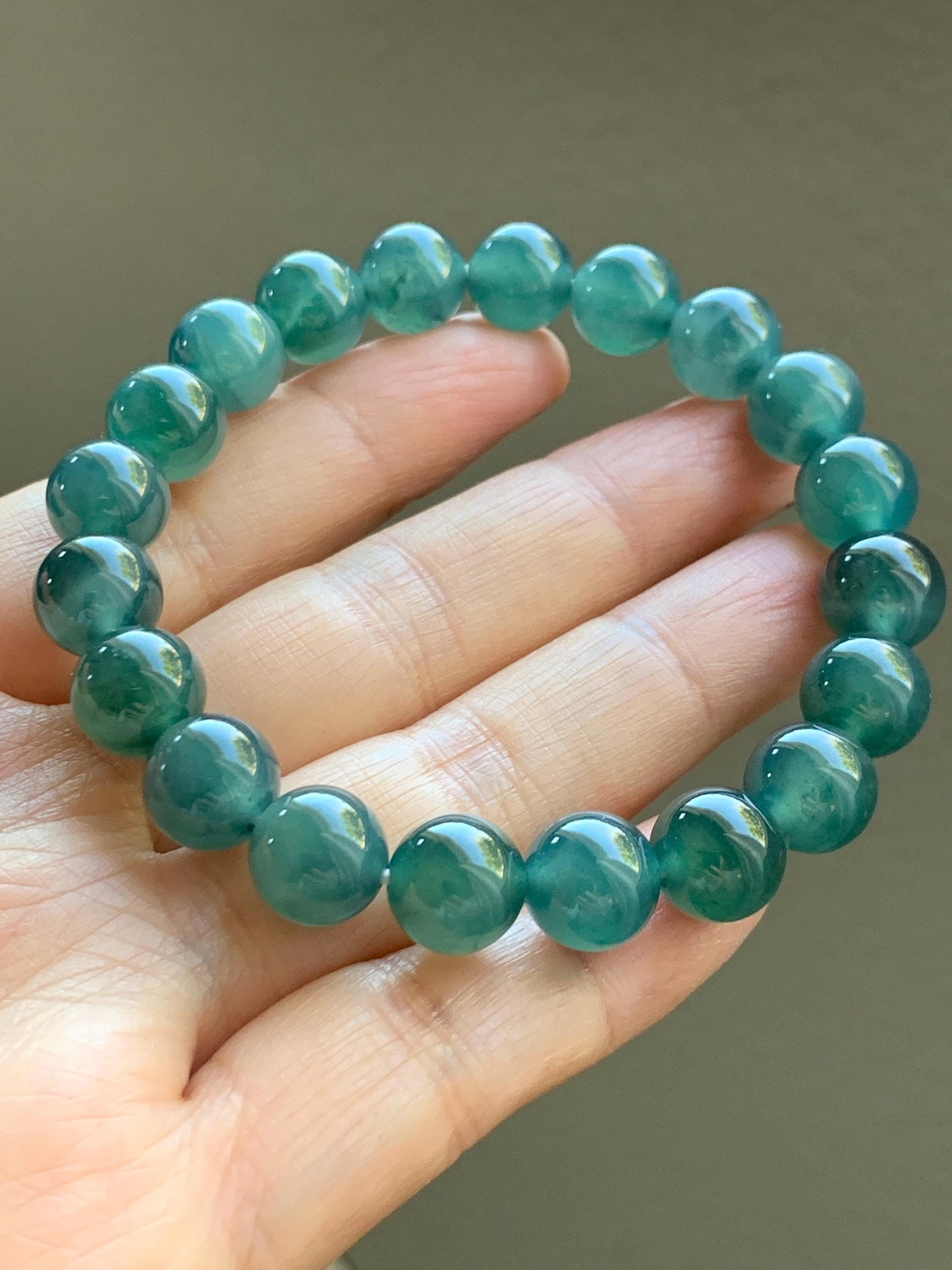 Natural Grade A Guatemalan Icy Highly Translucent Dark Teal Green Jade Jadeite Beaded Bracelet Stretchy 9.8mm 7.25” 32g 天然冰危深蓝绿翡翠圆珠手串WTL480B