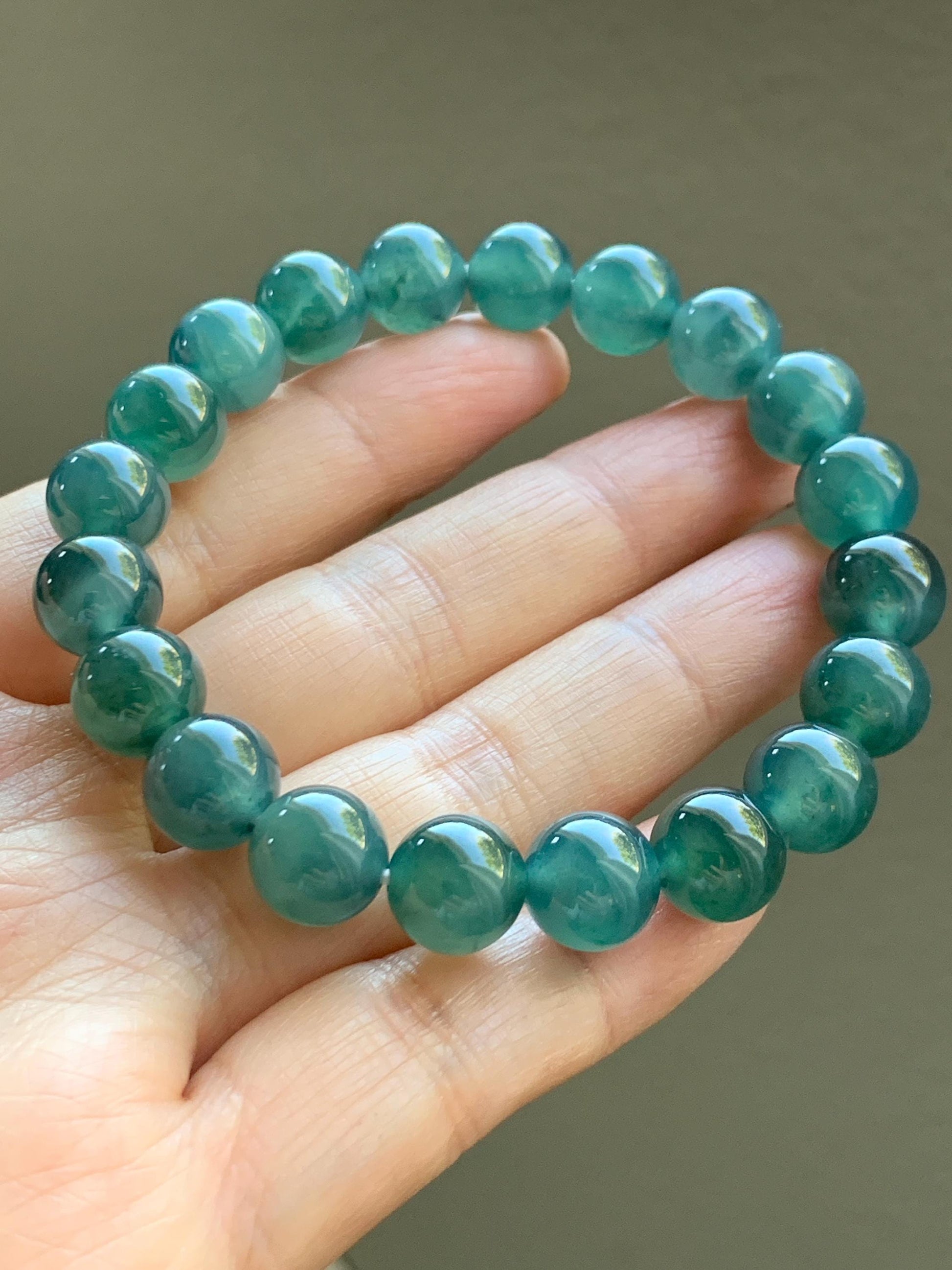 Natural Grade A Guatemalan Icy Highly Translucent Dark Teal Green Jade Jadeite Beaded Bracelet Stretchy 9.8mm 7.25” 32g 天然冰危深蓝绿翡翠圆珠手串WTL480B