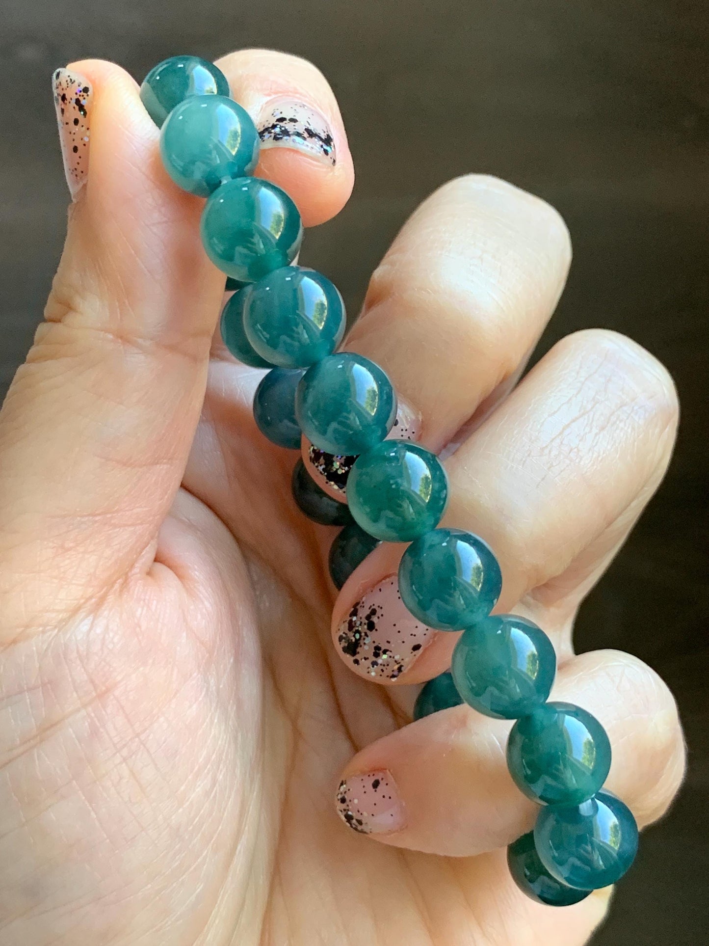Natural Grade A Guatemalan Icy Highly Translucent Dark Teal Green Jade Jadeite Beaded Bracelet Stretchy 9.8mm 7.25” 32g 天然冰危深蓝绿翡翠圆珠手串WTL480B