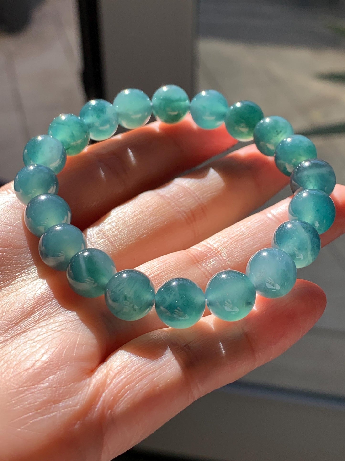 Natural Grade A Guatemalan Icy Highly Translucent Dark Teal Green Jade Jadeite Beaded Bracelet Stretchy 9.8mm 7.25” 32g 天然冰危深蓝绿翡翠圆珠手串WTL480B