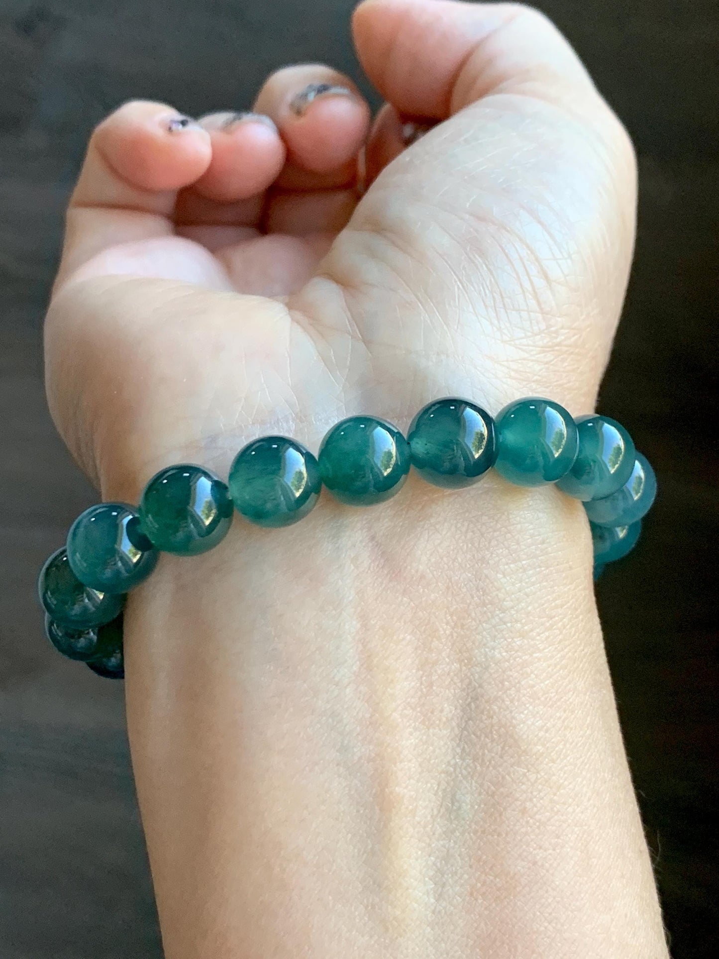 Natural Grade A Guatemalan Icy Highly Translucent Dark Teal Green Jade Jadeite Beaded Bracelet Stretchy 9.8mm 7.25” 32g 天然冰危深蓝绿翡翠圆珠手串WTL480B
