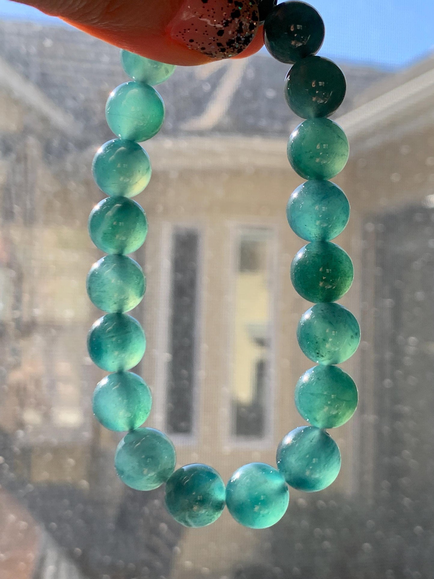 Natural Grade A Guatemalan Icy Highly Translucent Dark Teal Green Jade Jadeite Beaded Bracelet Stretchy 9.8mm 7.25” 32g 天然冰危深蓝绿翡翠圆珠手串WTL480B