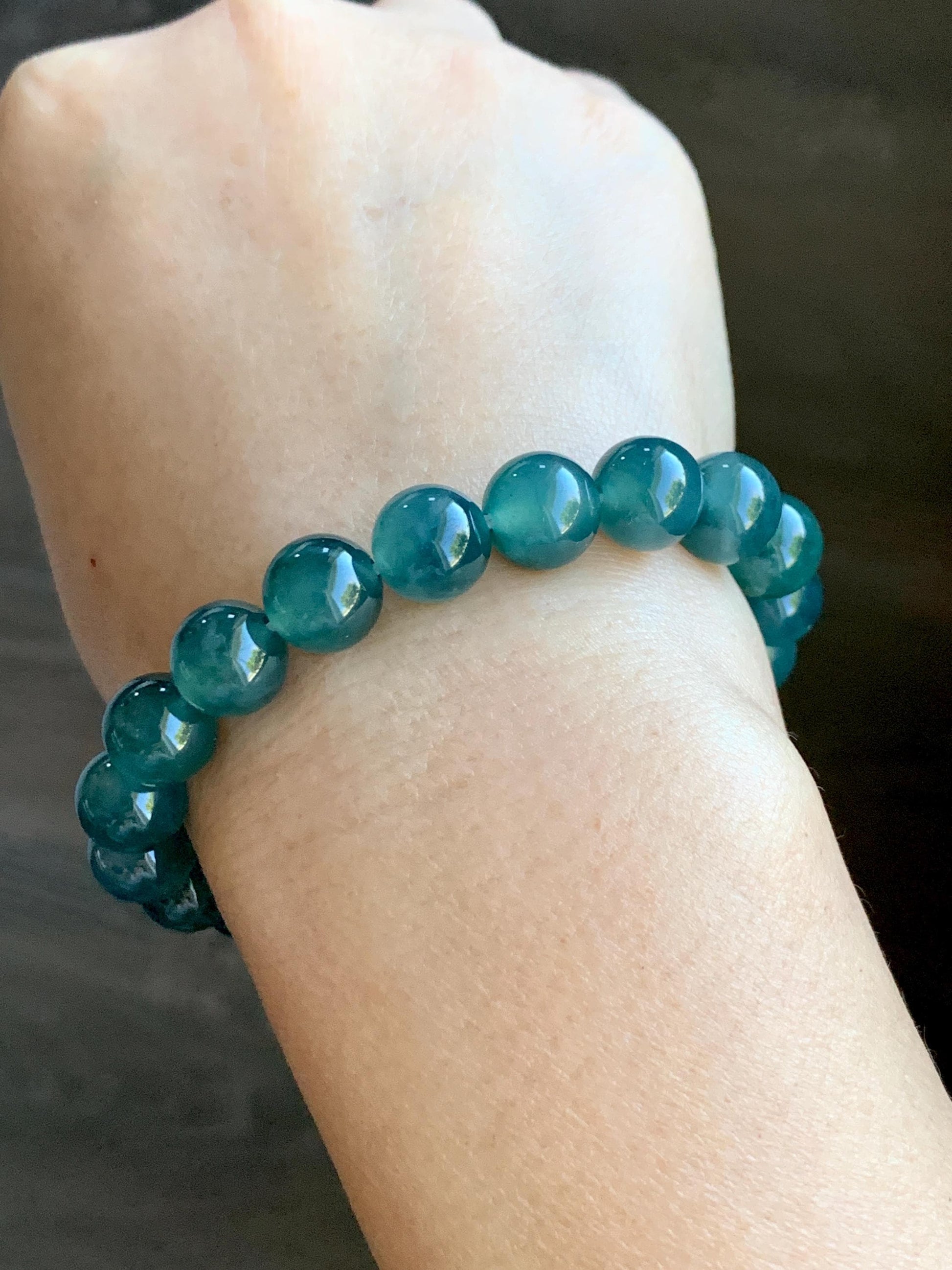 Natural Grade A Guatemalan Icy Highly Translucent Dark Teal Green Jade Jadeite Beaded Bracelet Stretchy 9.8mm 7.25” 32g 天然冰危深蓝绿翡翠圆珠手串WTL480B