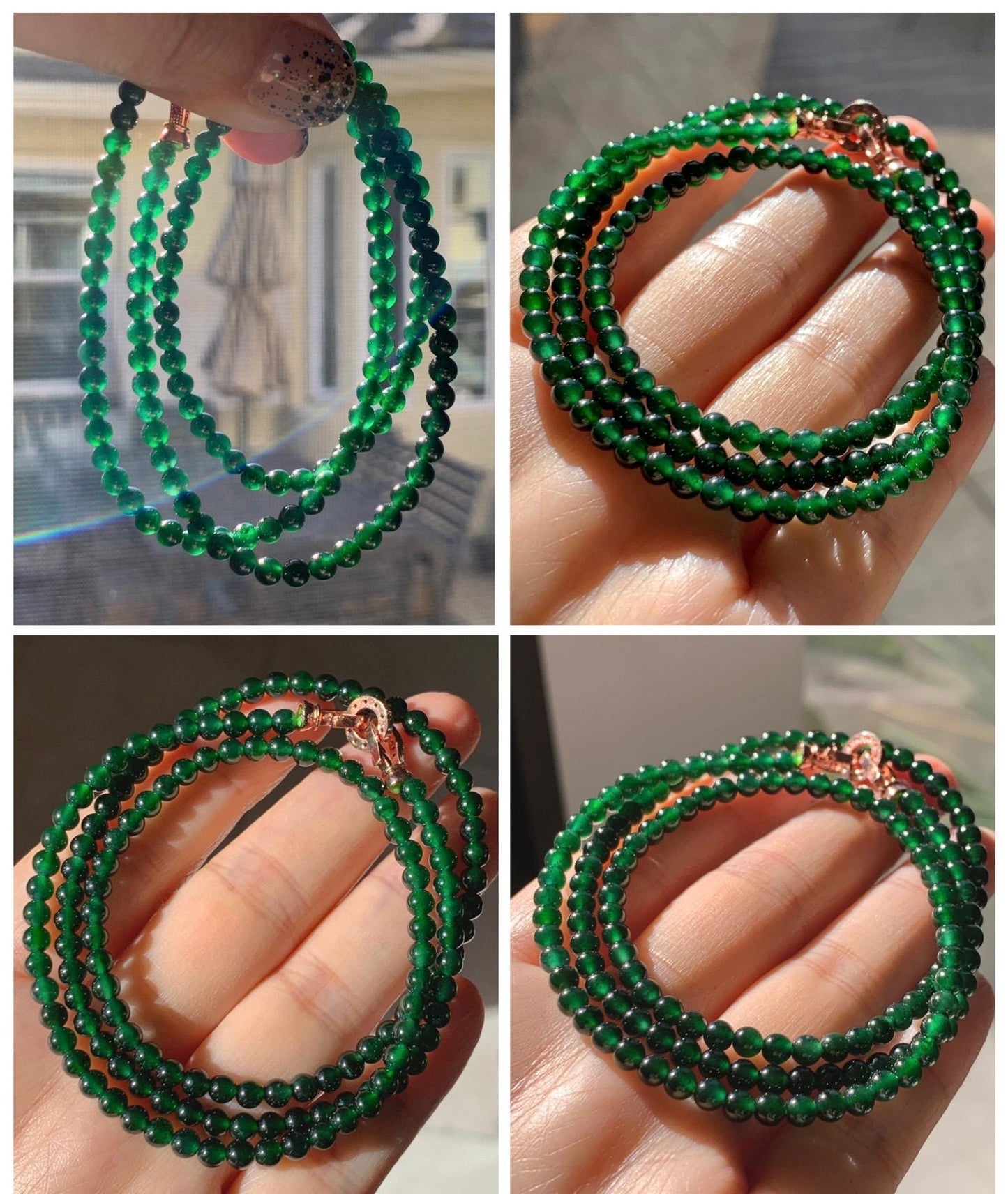 Certified Natural Grade A Guatemalan Icy Translucent Deep Green Jade Jadeite Petite Beads Beaded Necklace 3.8mm 20.5" 天然冰危深绿翡翠小圆珠项链753
