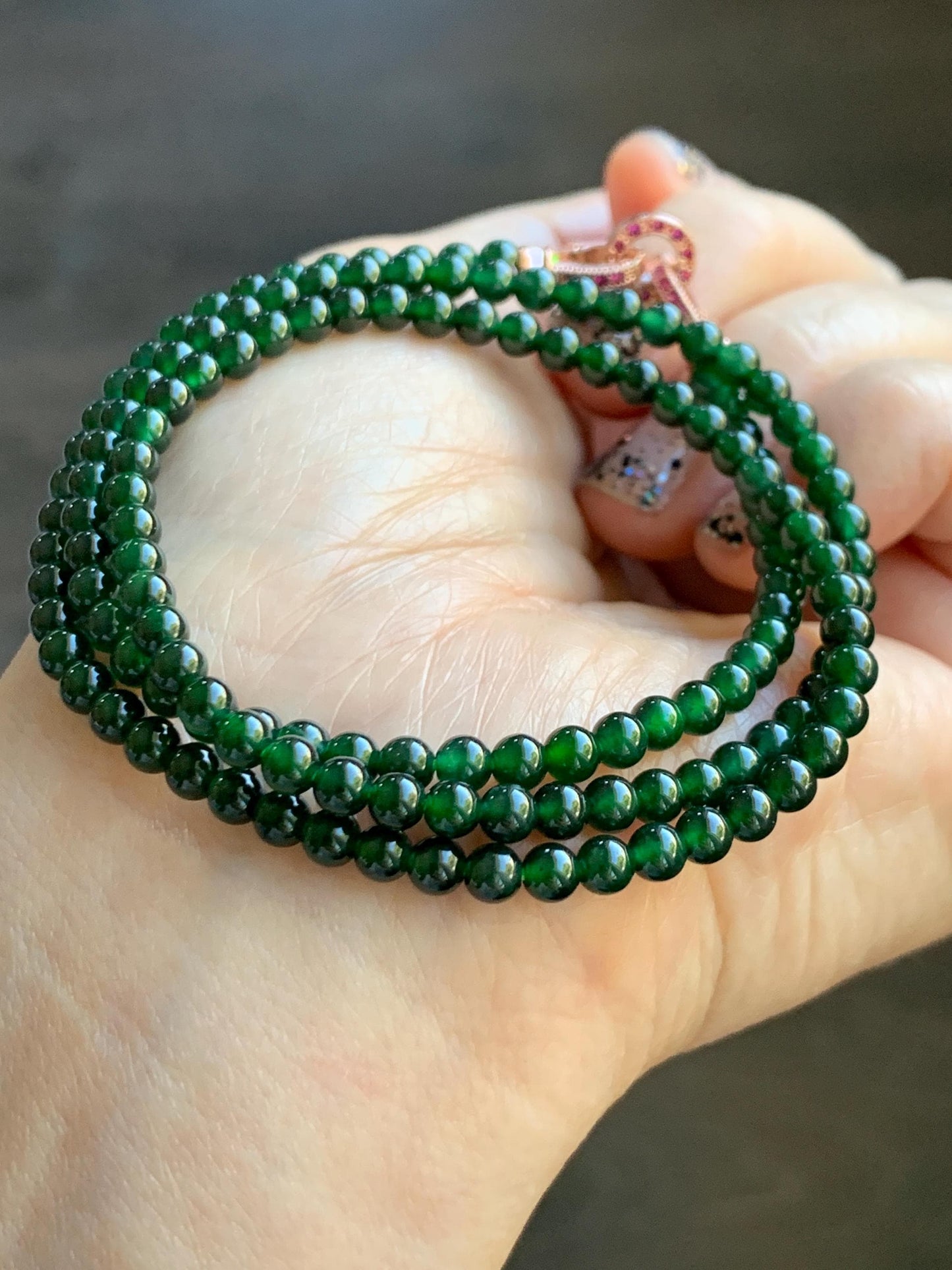 Certified Natural Grade A Guatemalan Icy Translucent Deep Green Jade Jadeite Petite Beads Beaded Necklace 3.8mm 20.5" 天然冰危深绿翡翠小圆珠项链753