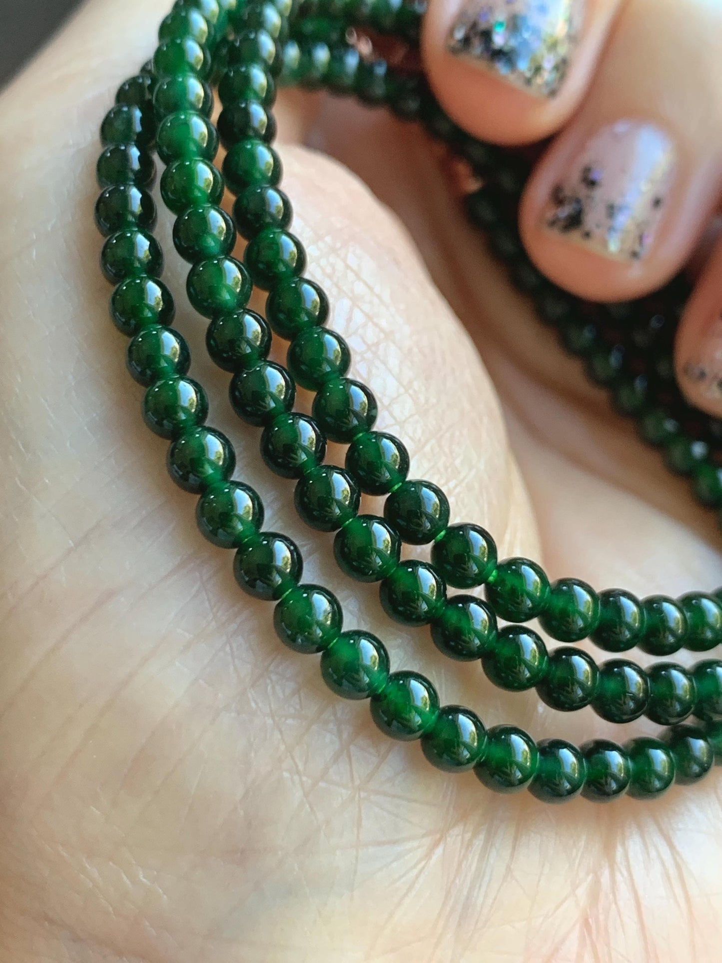 Certified Natural Grade A Guatemalan Icy Translucent Deep Green Jade Jadeite Petite Beads Beaded Necklace 3.8mm 20.5" 天然冰危深绿翡翠小圆珠项链753
