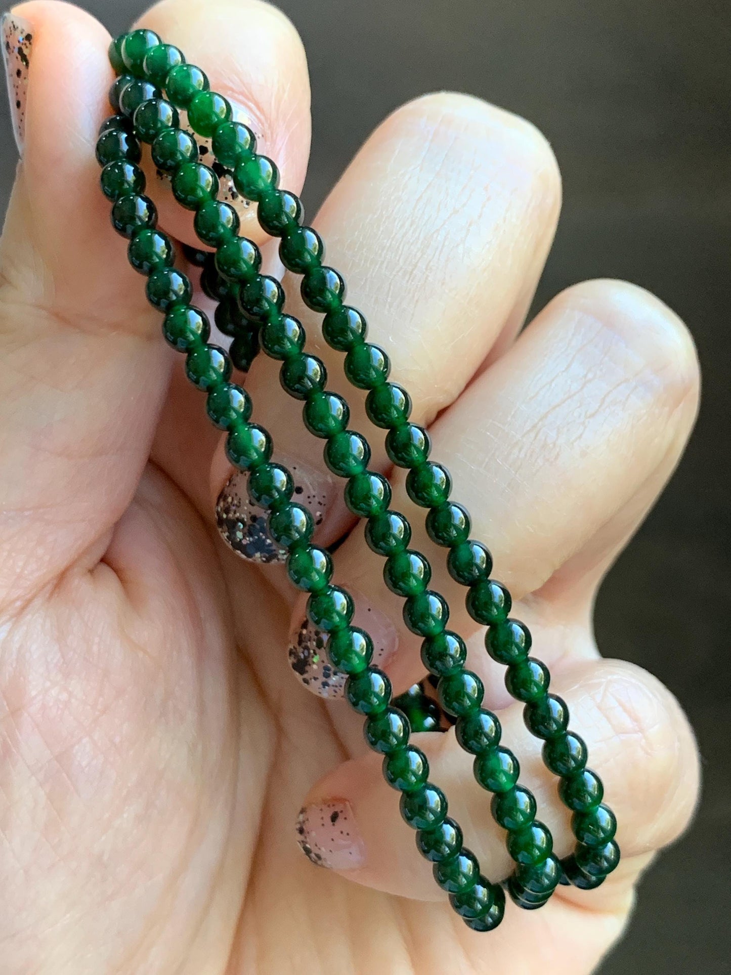 Certified Natural Grade A Guatemalan Icy Translucent Deep Green Jade Jadeite Petite Beads Beaded Necklace 3.8mm 20.5" 天然冰危深绿翡翠小圆珠项链753