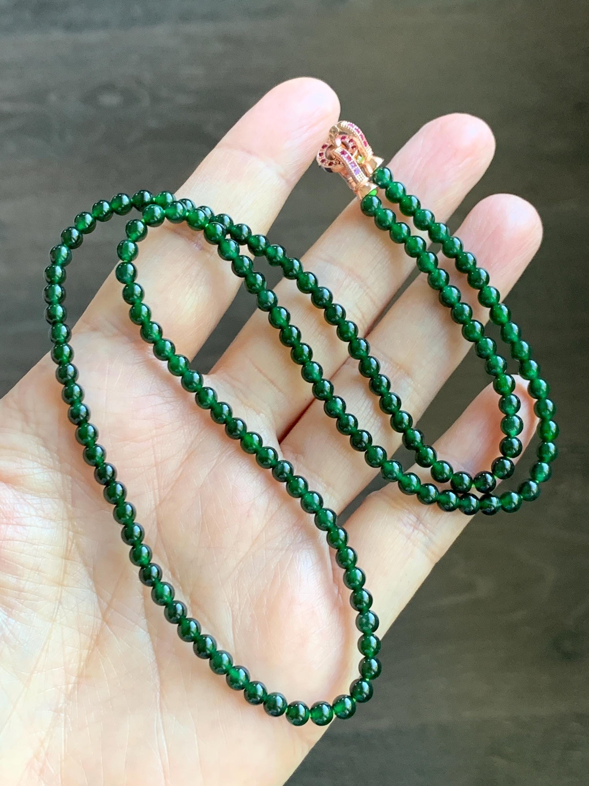 Certified Natural Grade A Guatemalan Icy Translucent Deep Green Jade Jadeite Petite Beads Beaded Necklace 3.8mm 20.5" 天然冰危深绿翡翠小圆珠项链753