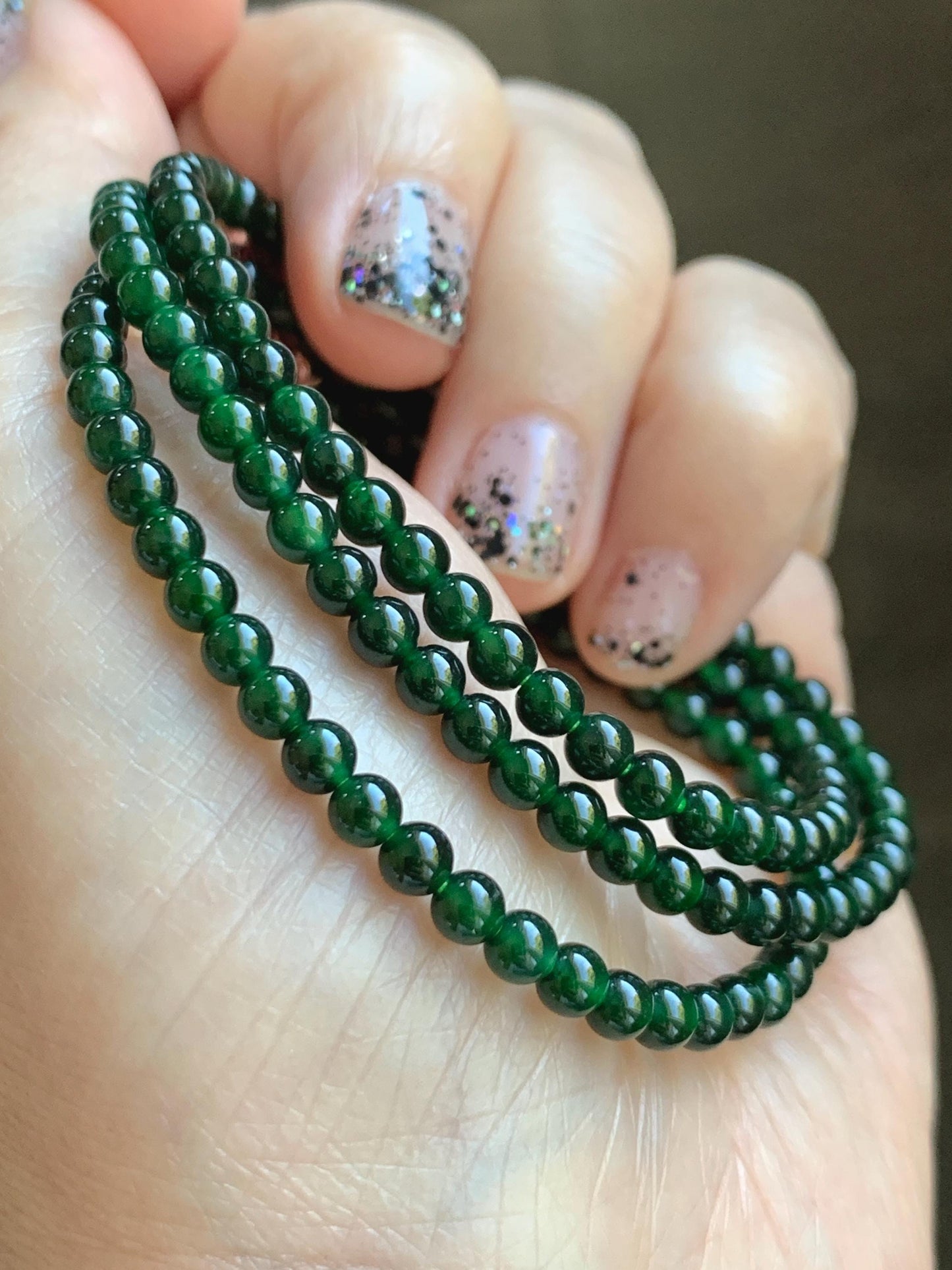 Certified Natural Grade A Guatemalan Icy Translucent Deep Green Jade Jadeite Petite Beads Beaded Necklace 3.8mm 20.5" 天然冰危深绿翡翠小圆珠项链753