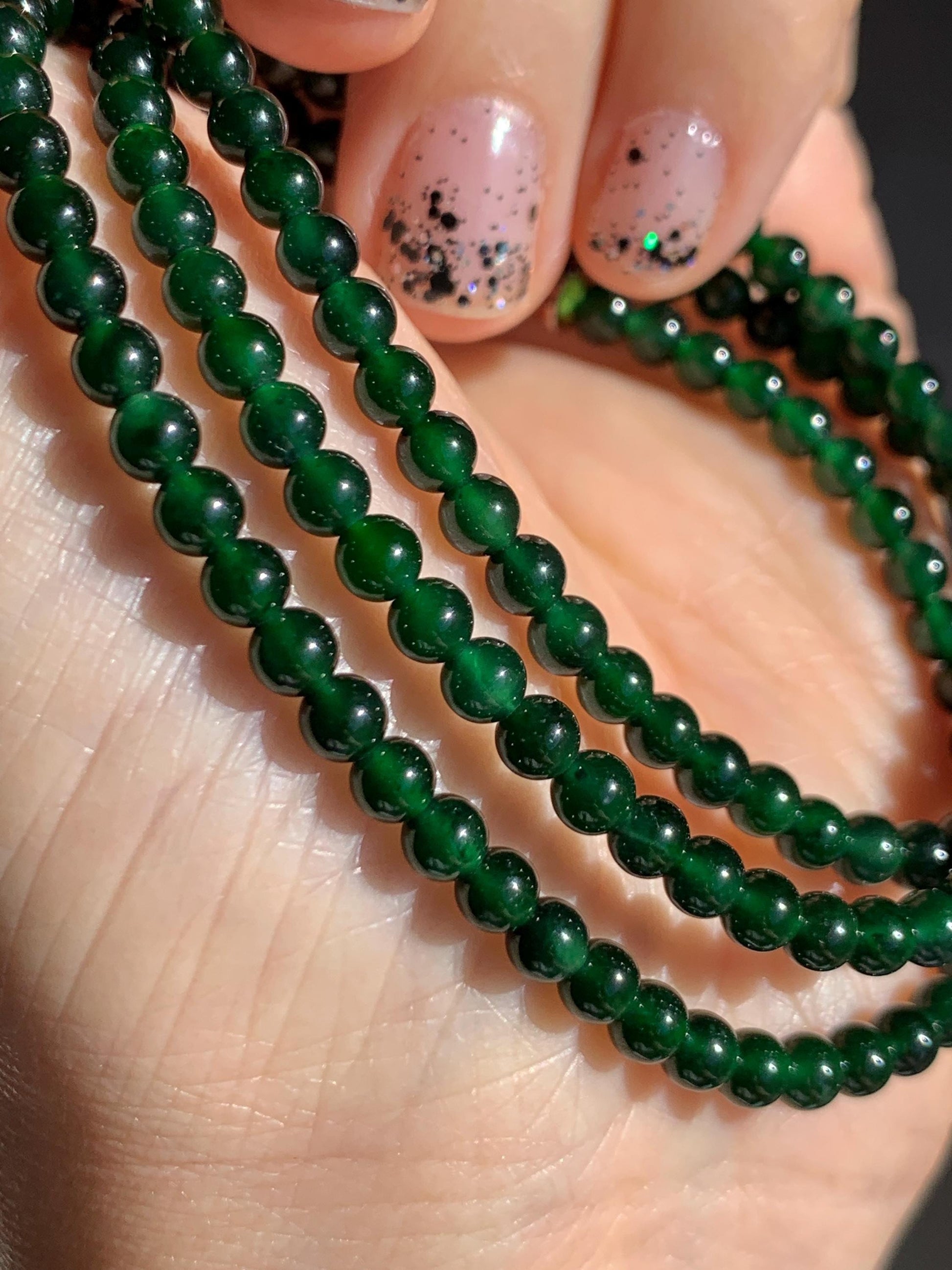 Certified Natural Grade A Guatemalan Icy Translucent Deep Green Jade Jadeite Petite Beads Beaded Necklace 3.8mm 20.5" 天然冰危深绿翡翠小圆珠项链753