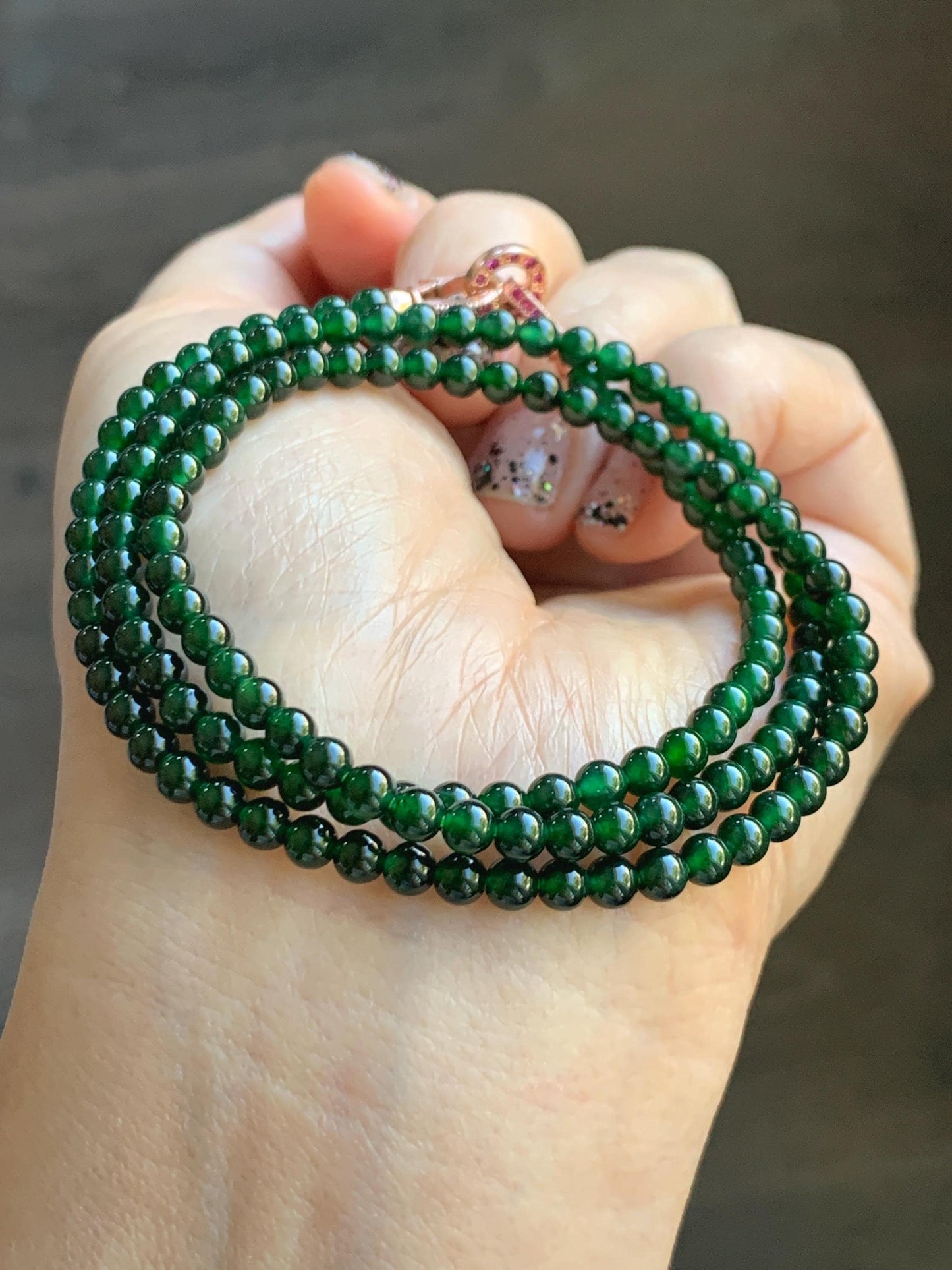 Certified Natural Grade A Guatemalan Icy Translucent Deep Green Jade Jadeite Petite Beads Beaded Necklace 3.8mm 20.5" 天然冰危深绿翡翠小圆珠项链753