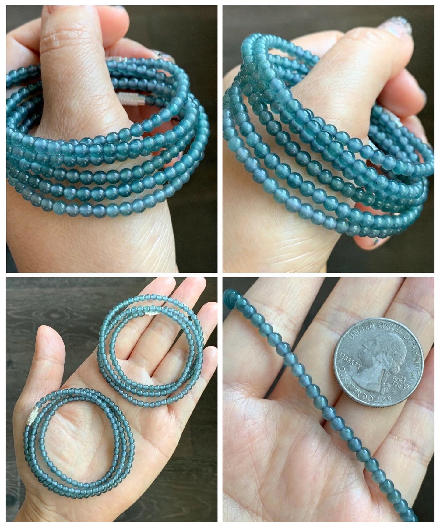 Grade A Natural Guatemalan Icy Highly Translucent Dusty Teal Blue Jade Jadeite Petite Beaded Necklace 3.9mm 20” 14g 天然冰危蓝翡翠圆珠项链 WXL628